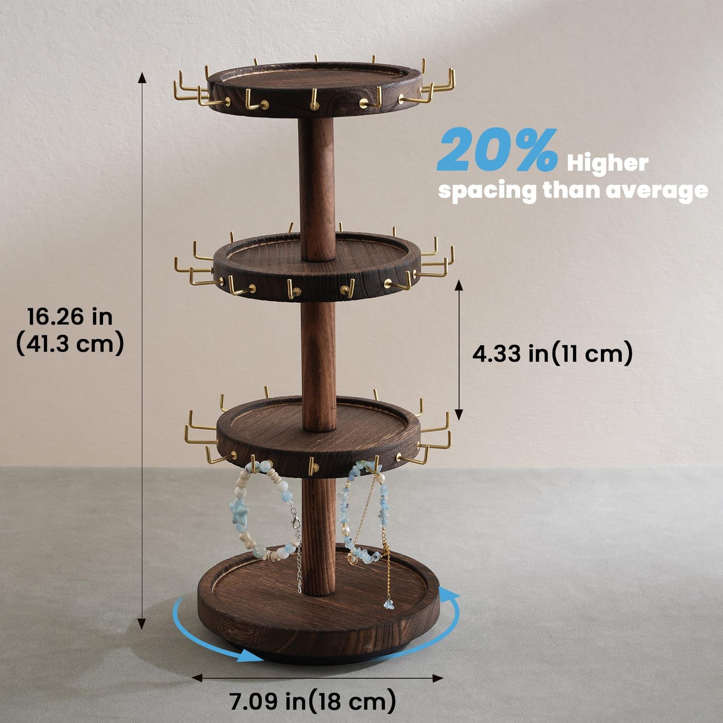 Lolalet 4 Tier Bracelet Holder, Wooden Rotating Bangle Display Stand with 42 Hooks and Tray Base, 360 Degrees Rotatable Rustic Tree Storage for Bracelets Key Chains Small Accessories -Darkbrown