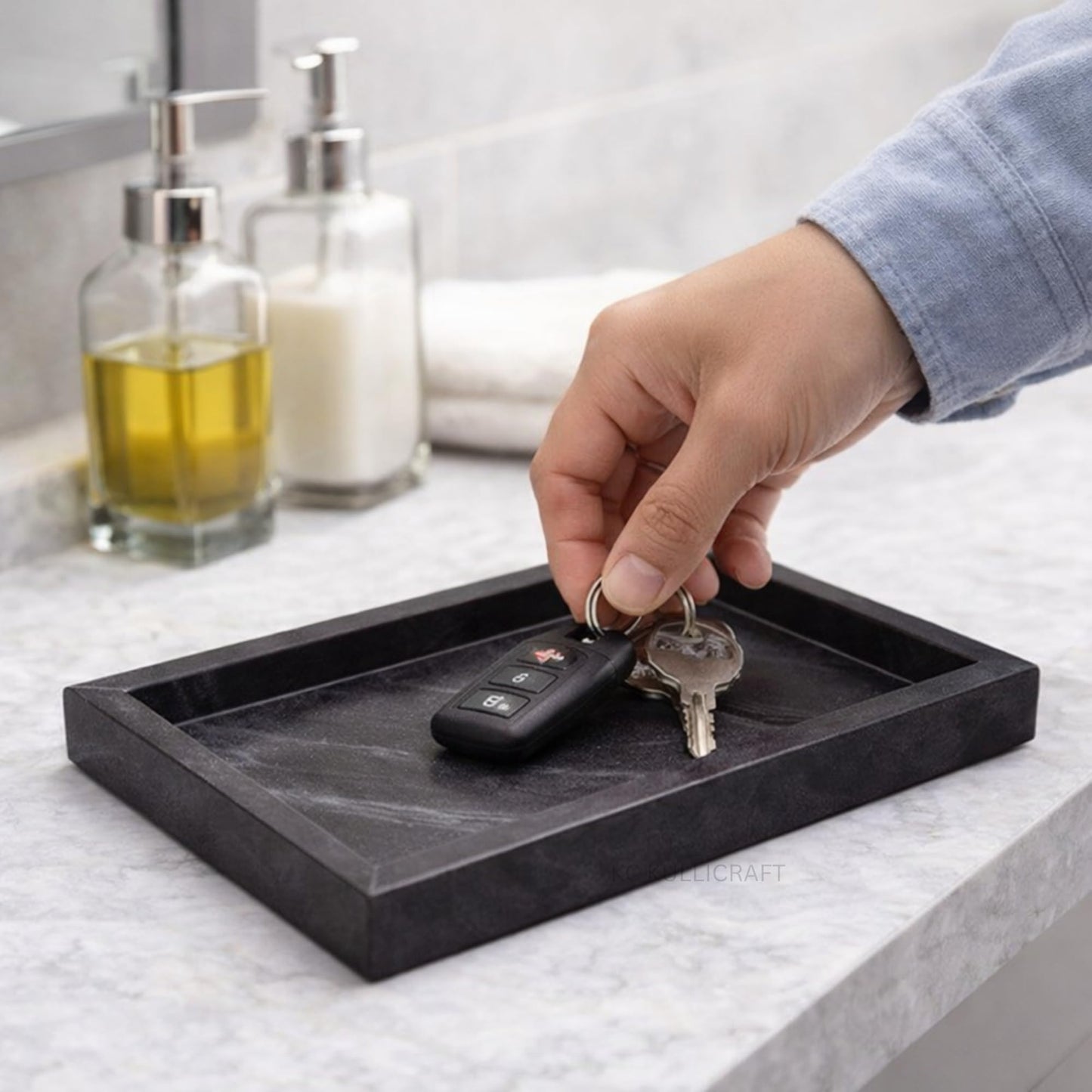 KC KULLICRAFT Natural Marble Tray for Bathroom Black Finish | Kitchen | Vanity | Desktop, Stone Organizer for Coffee Table, Dresser, Nightstand, Soap, Towel, Plant, Jewelry (12" x 8"), Rectangular