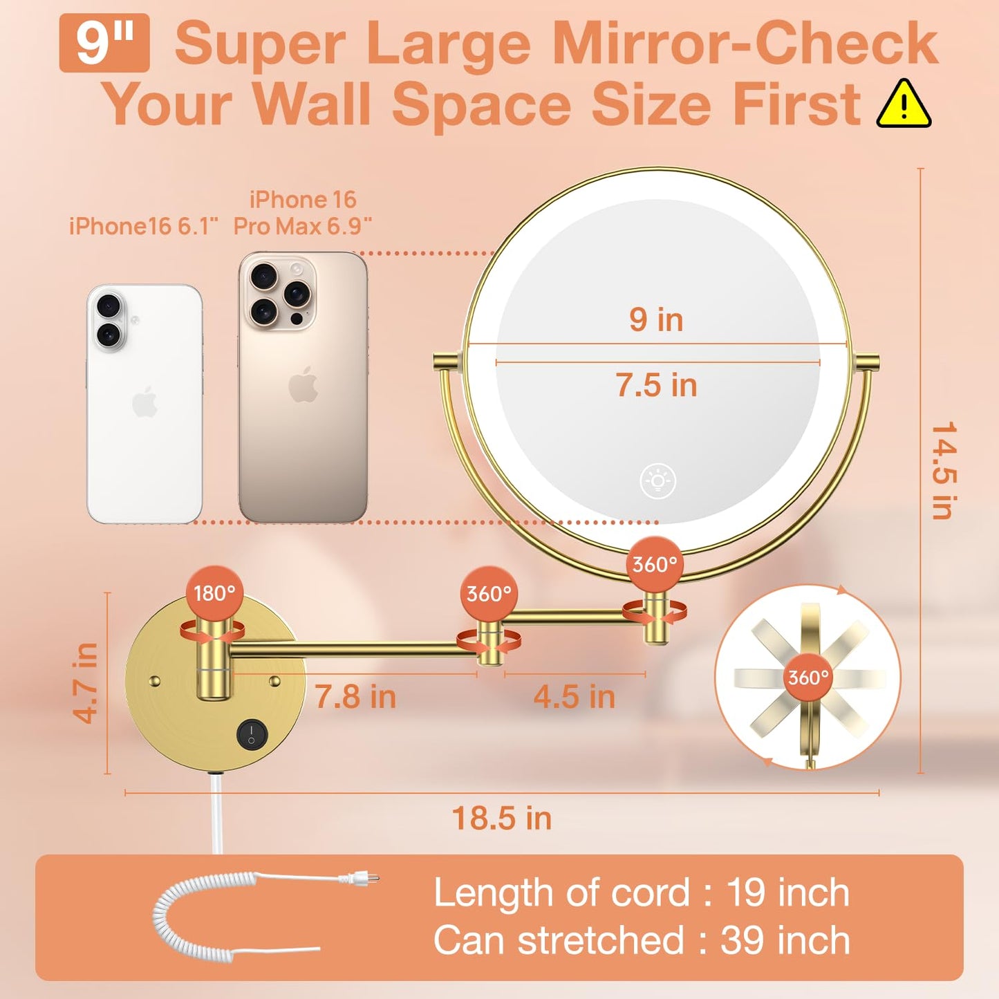 Benbilry 9" Large Wall Mounted Lighted Makeup Mirror, 1X/10X Magnifying 2-Sided AC Plug-in Powered Bathroom Mirror with 3 Color Lights, Touch Dimmable, Extended Arm 360° Rotation, 【Gold】