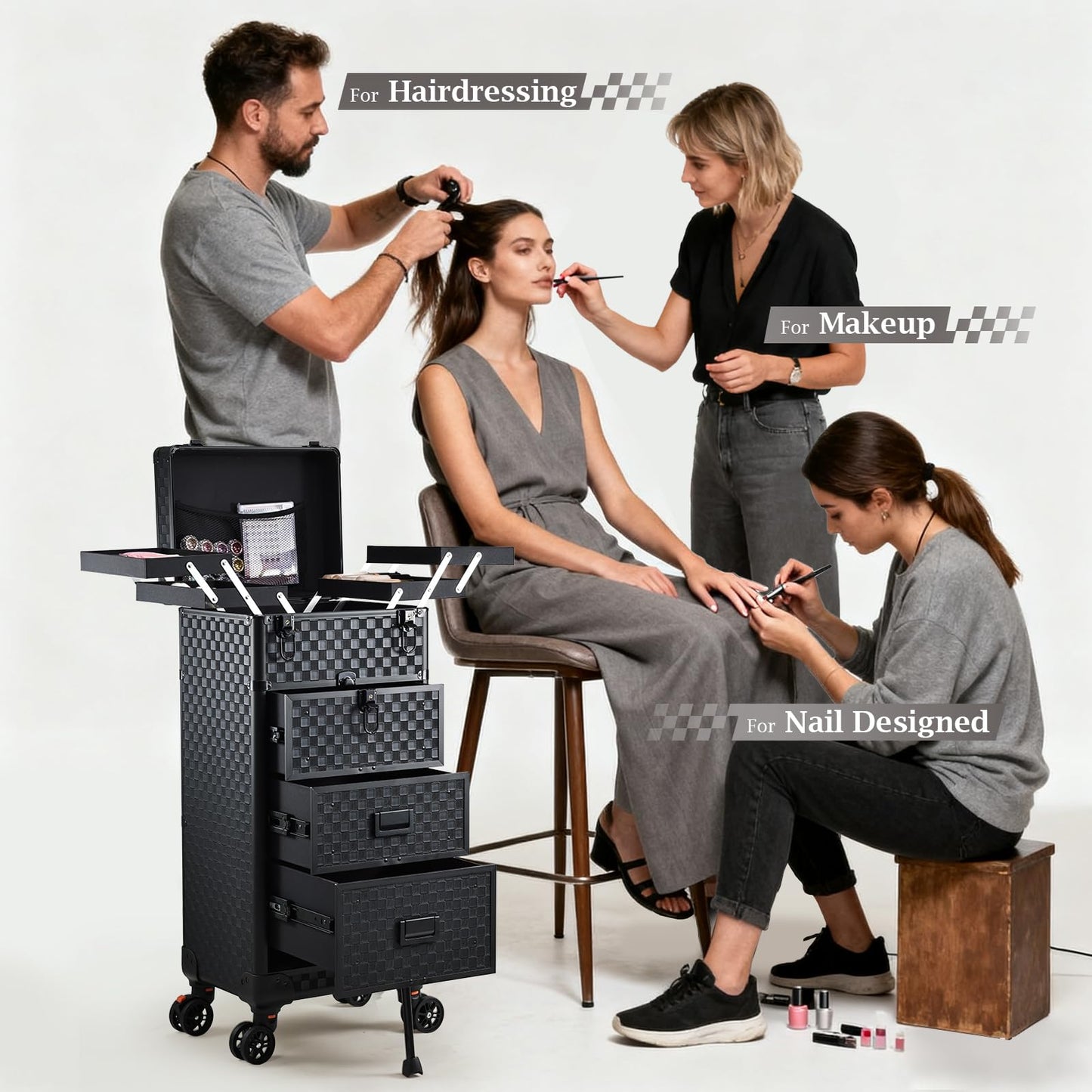Stagiant Rolling Makeup Case with Drawers Cosmetology Case on Wheels 4 IN 1 Makeup Case 3 Drawers with Foot Stand Spring-release Mechanism Rolling Make Up Organizer for Artist Salon Nail Teach Trunk