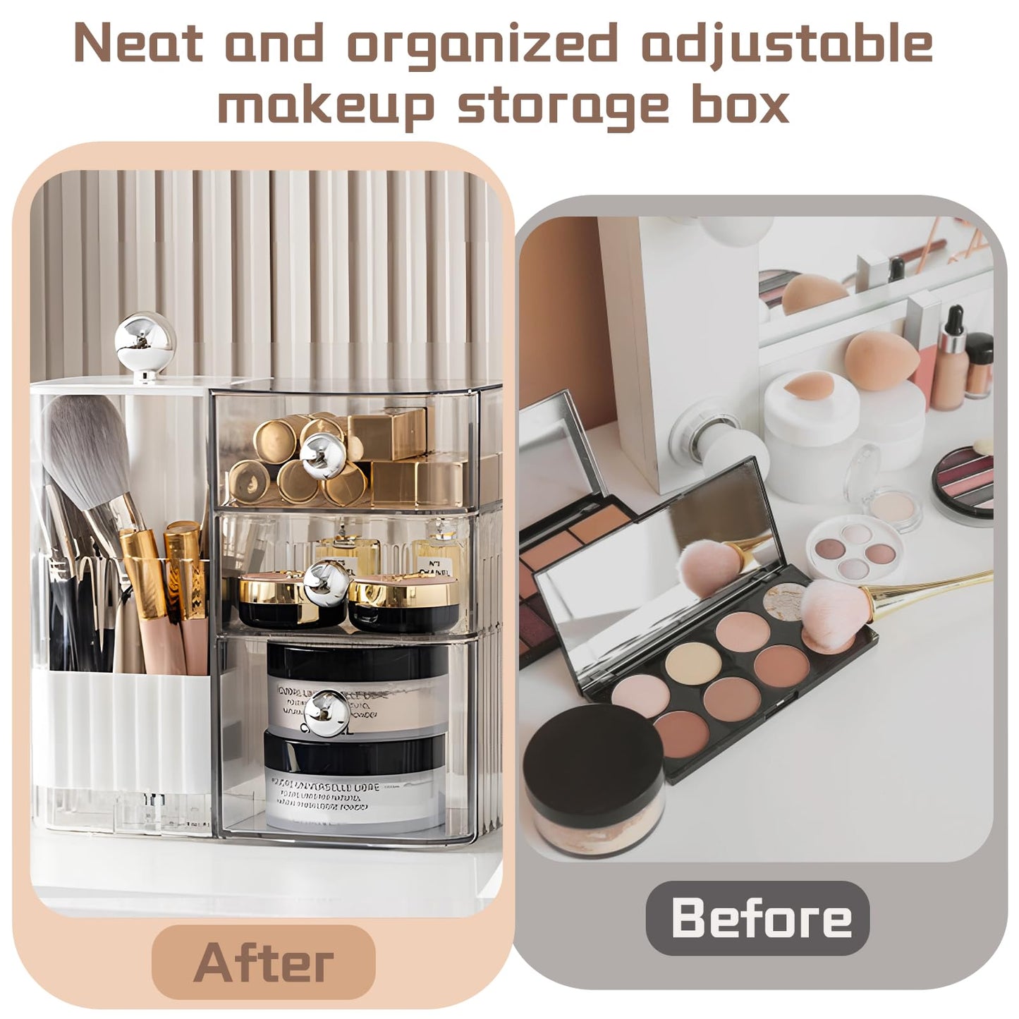 Oskrieel PET Makeup Organizer with Press Pop-Out Compartment & 3 Drawers, Clear Cosmetic Storage Box for Vanity Countertop, Bathroom Small Item Organization