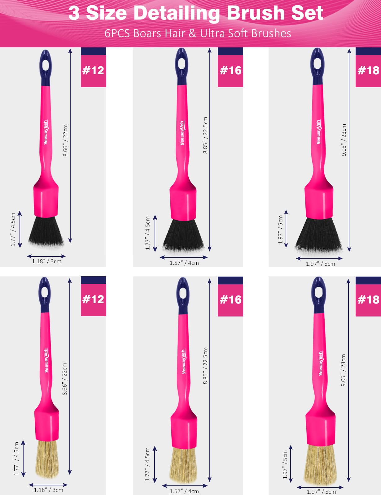 YeewayVeh 6PCS Car Detailing Brush Set, 3pcs Boars Hair Detailing Brushes, 3pcs Ultra Soft Detail Brush for Leather Seat Air Vents Engine Bay, Detail Brushes Car Detailing for Interior Exterior, Pink