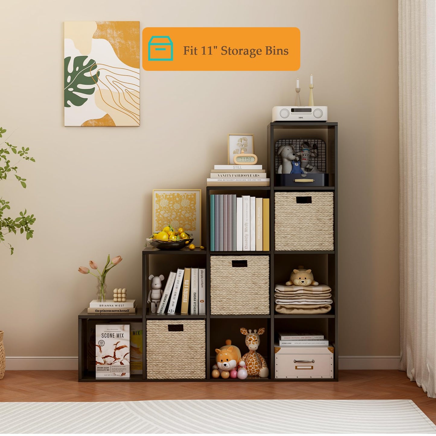 OSCHF Ladder Cube Storage Bookcase - Wooden L-Shaped 4-Tier Corner Shelf, Reversible 10-Cube Organizer for Home & Office, Black