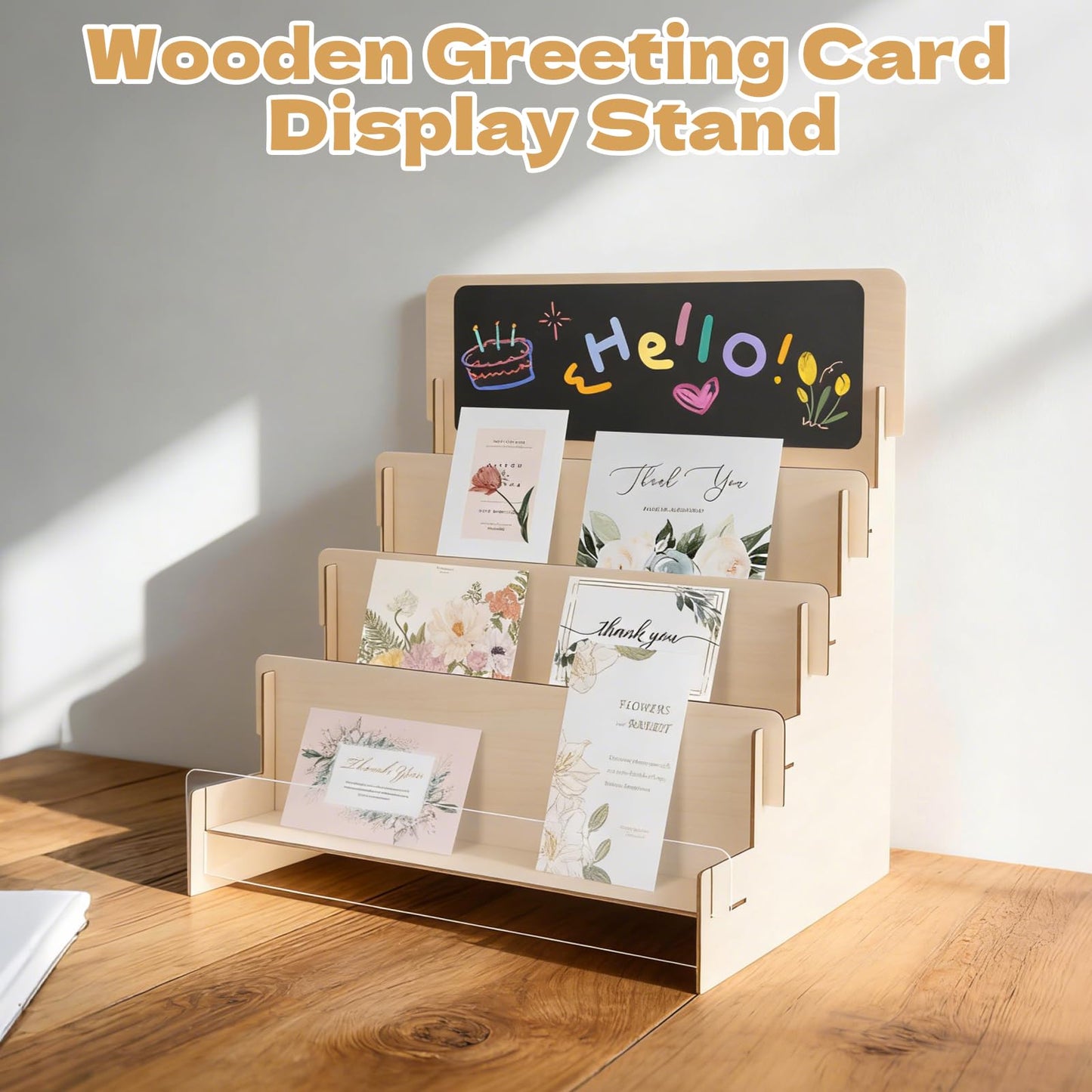 Wooden Greeting Card Display Stand - 4-Tier DIY Customizable Chalkboard Top Sticker Organizer Rack, Tool-Free Assembly Countertop Holder for Party Decor, Holiday Cards, Small Gifts & Home Decor