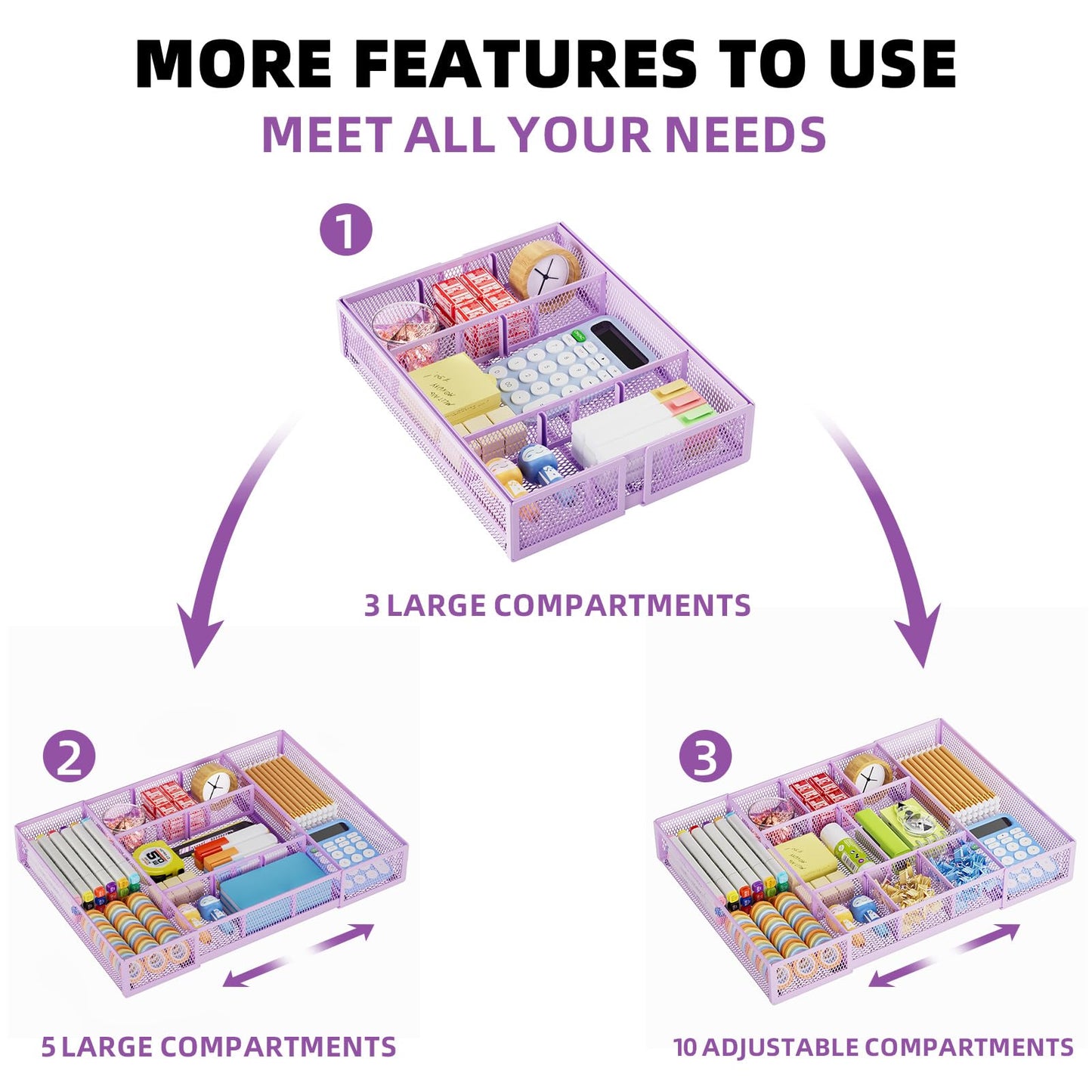 Marbrasse Expandable Desk Drawer Organizer, Mesh Drawer Organizer Tray with 10 Adjustable Compartments, Desk Organizers and Accessories for Office Supplies, Makeup & Vanity (Expandable-Purple)