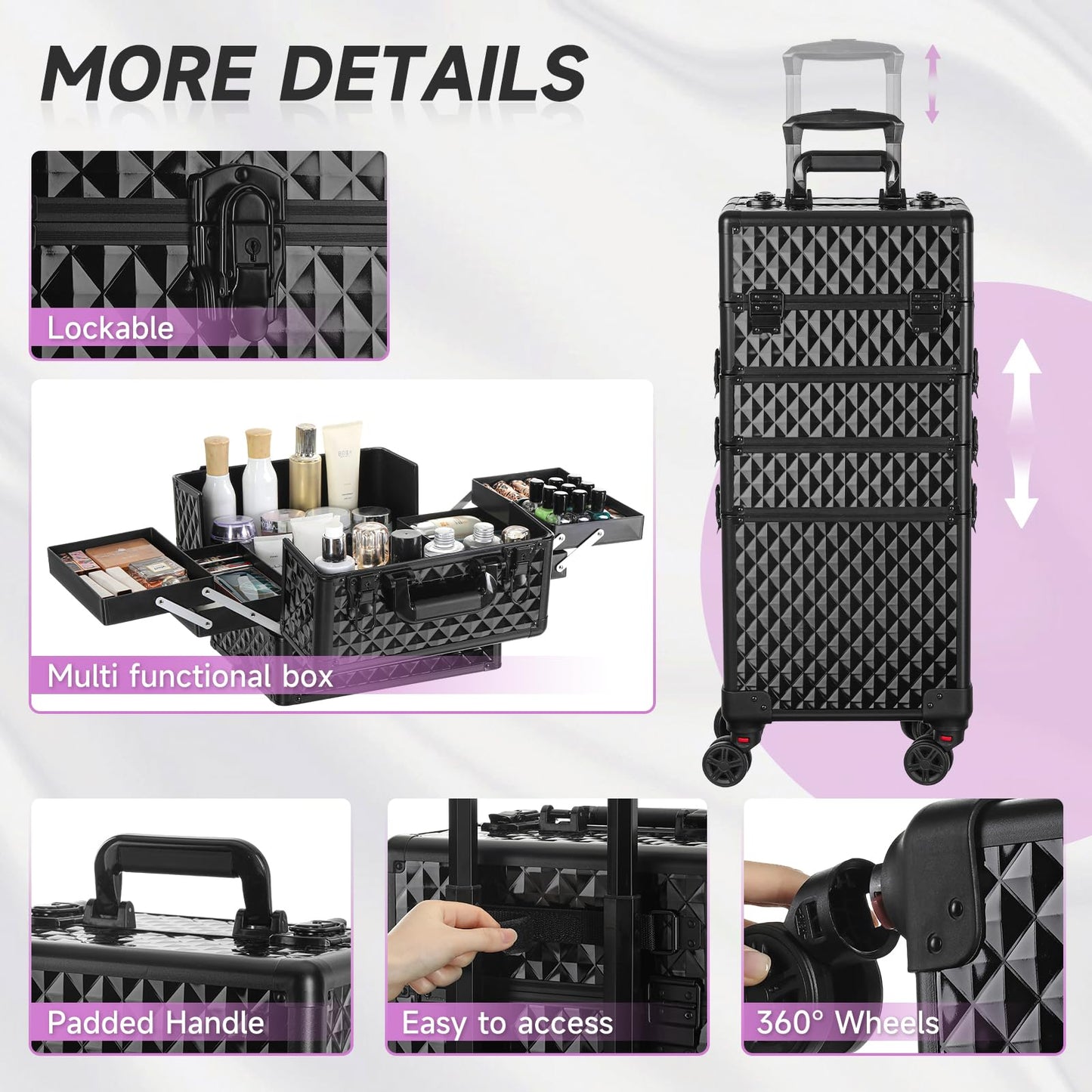 Leeora&Leekoo Portable Multi-Storey Nail Case for Nail Tech Organizer - Wheels Makeup Case Organizer, Cosmetic Case, Makeup Train Case, Make Up Case 8036(Black)
