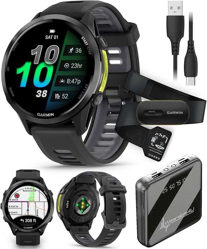 Wearable4U Garmin Forerunner 970 Carbon Gray DLC Titanium Smartwatch with Black Case and Black/Translucent Whitestone Band, AMOLED Display with Garmin HRM 600 S Power Bank Bundle