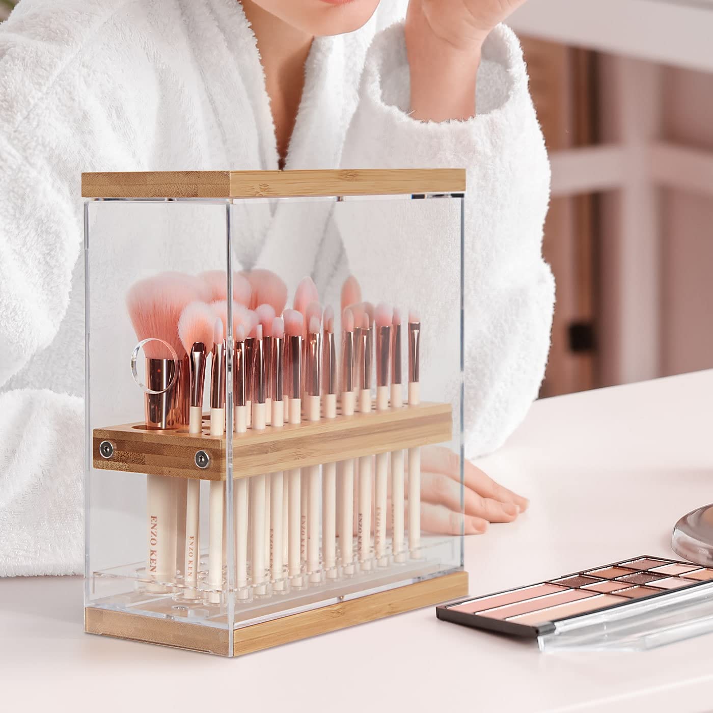 JackCubeDesign MK228C 31-Hole Acrylic Bamboo Brush Holder Organizer with Leather Drawer (Black, 22.3x8.6x21.5 cm)