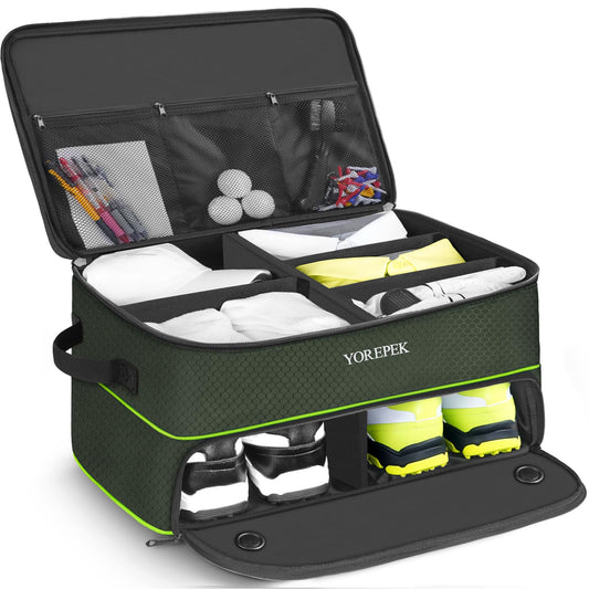 YOREPEK Large 2 Layer Golf Trunk Organizer for 2 Size14 Pair Shoes, Car Golf Locker Gifts For Golfers Men, Golfing Organizers And Storage Store All Golfer Stuff, Car Trunk Organizer, GREEN