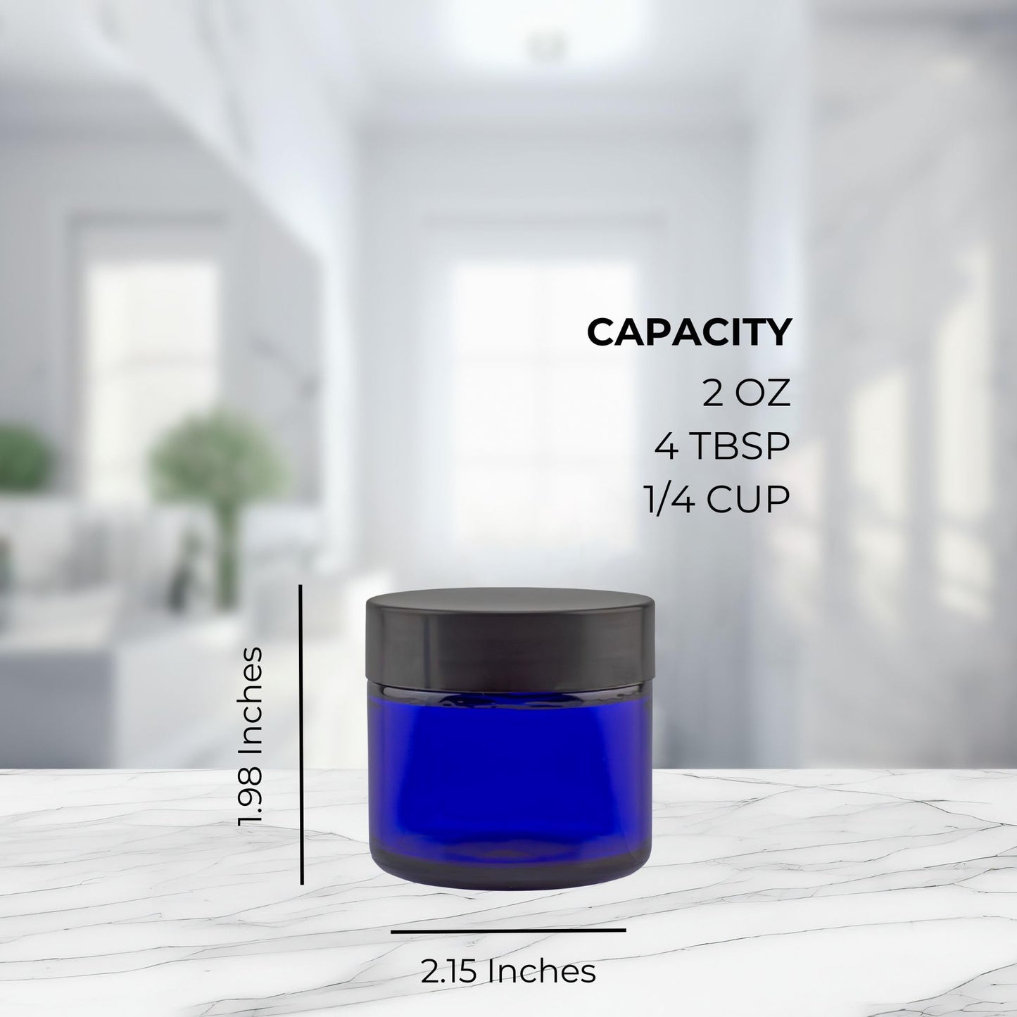Cornucopia Brands 2oz Cobalt Blue Glass Cosmetic Jars (Pack of 12) Straight Sided Jars w/Black Plastic Lined Lids for Balms, Cosmetics, Creams & More