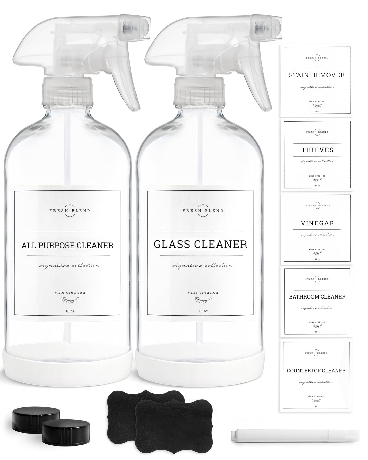 Vine Creations Glass Spray Bottles, 2 Pack Refillable Spray Bottles for Cleaning Solutions, Clear Spray Bottle for plants, Water Spray Bottle Sprayer, Glass Spray bottles 16 oz with Waterproof Labels