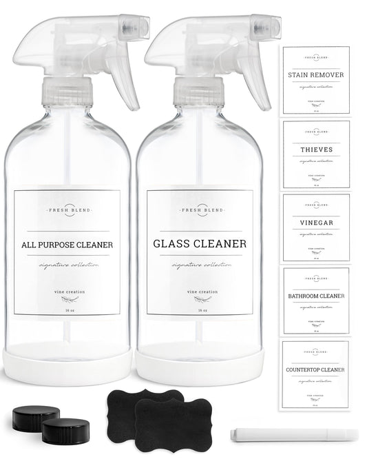 Vine Creations Glass Spray Bottles, 2 Pack Refillable Spray Bottles for Cleaning Solutions, Clear Spray Bottle for plants, Water Spray Bottle Sprayer, Glass Spray bottles 16 oz with Waterproof Labels