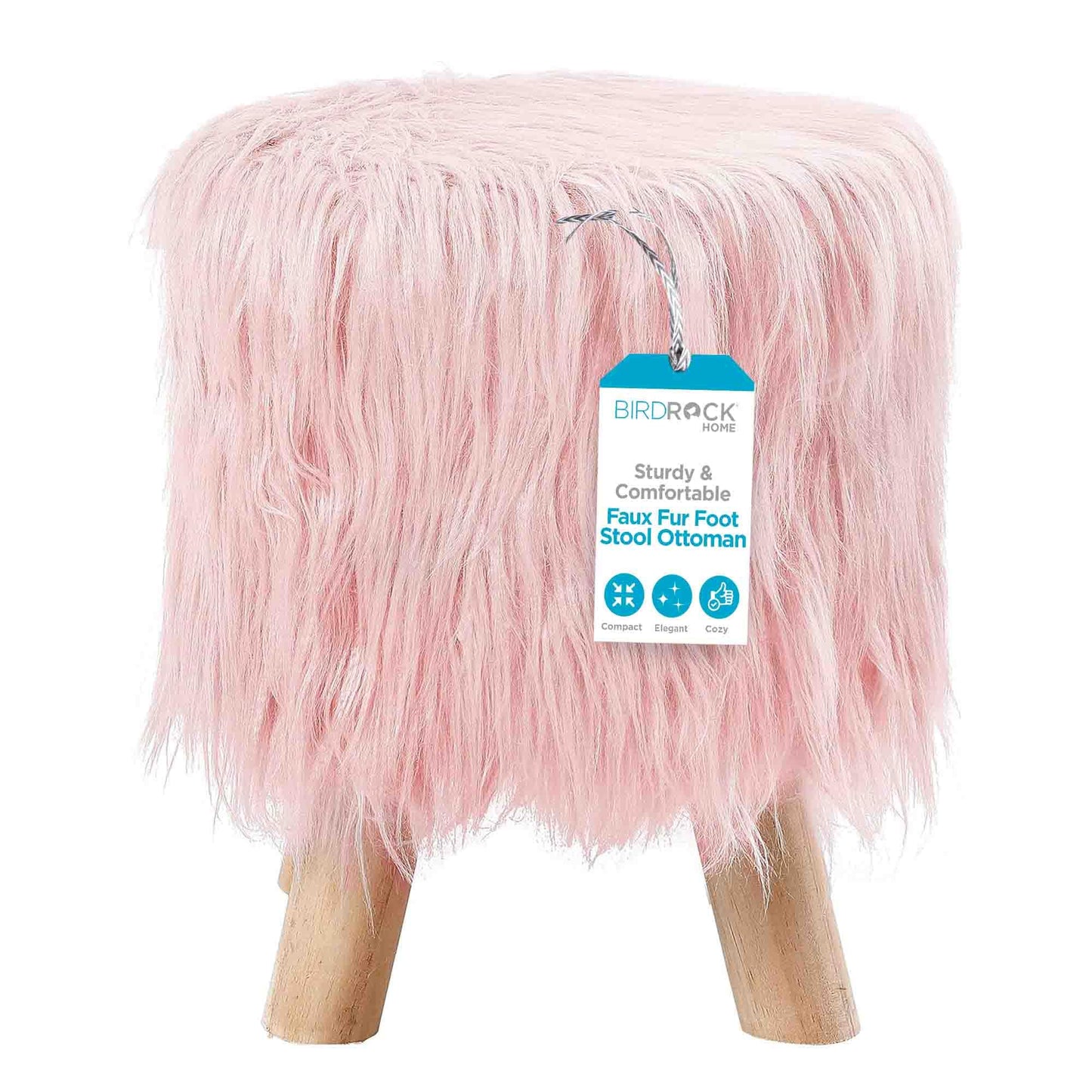 BIRDROCK HOME Faux Fur Foot Stool Ottoman – Upholstered Vanity Chair w/Natural Wood Legs - Soft Compact Padded Seat for Makeup Room, Living Room, Bedroom – Decorative Accent Furniture – Pink