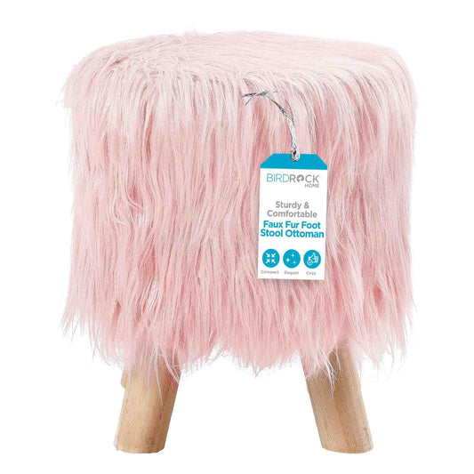 BIRDROCK HOME Faux Fur Foot Stool Ottoman – Upholstered Vanity Chair w/Natural Wood Legs - Soft Compact Padded Seat for Makeup Room, Living Room, Bedroom – Decorative Accent Furniture – Pink
