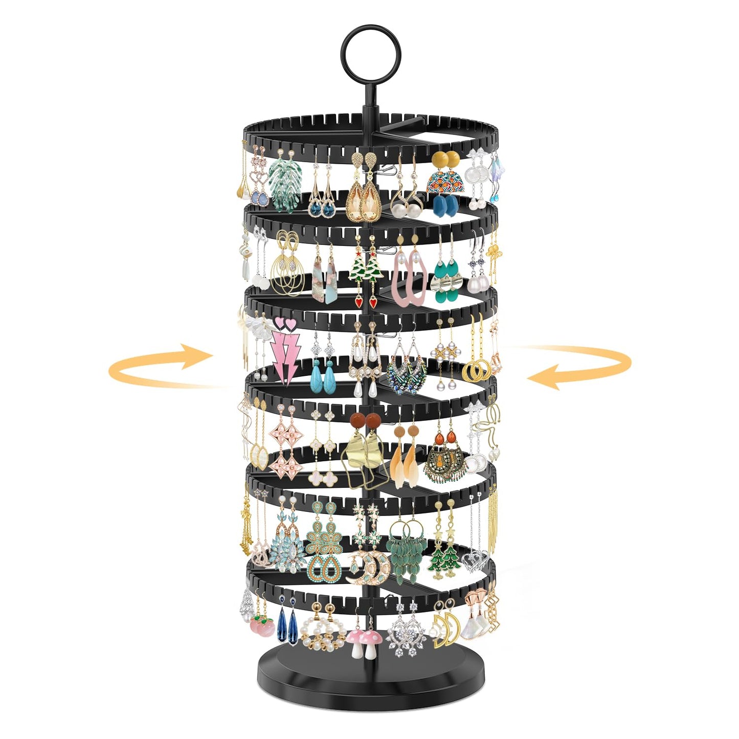 EsLuker.ly Earring Holder Organizer Rotating Stud Display Tree Rack with 342 U-Slots for Women Girls, Large Adjustable 6 Tier Plastic Storage Stand with Metal Tray for Pierced Hoop Post Earring, Black