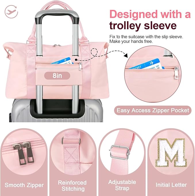 Dance Gym Duffel Bag for Teen Girls, Personalized Initial Travel Weekender Bag,Cute Overnight Carry On Duffle for Women,Sports Travel Cheer Bag,Monogram Christmas Gifts for Tween Preppy(pink-M)