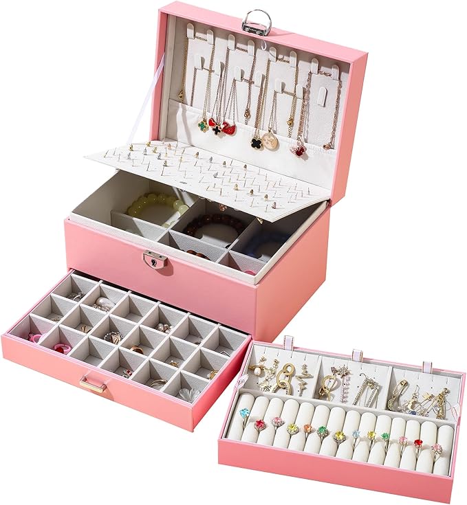 BOOVO Earring Jewelry Box For Women Girl Stud Organizer, 5 Layers Girl Jewelry Organizer Box With Lock Earring Holder Organizer Necklace Ring Jewelry Organizer Box For Girls (Pink)