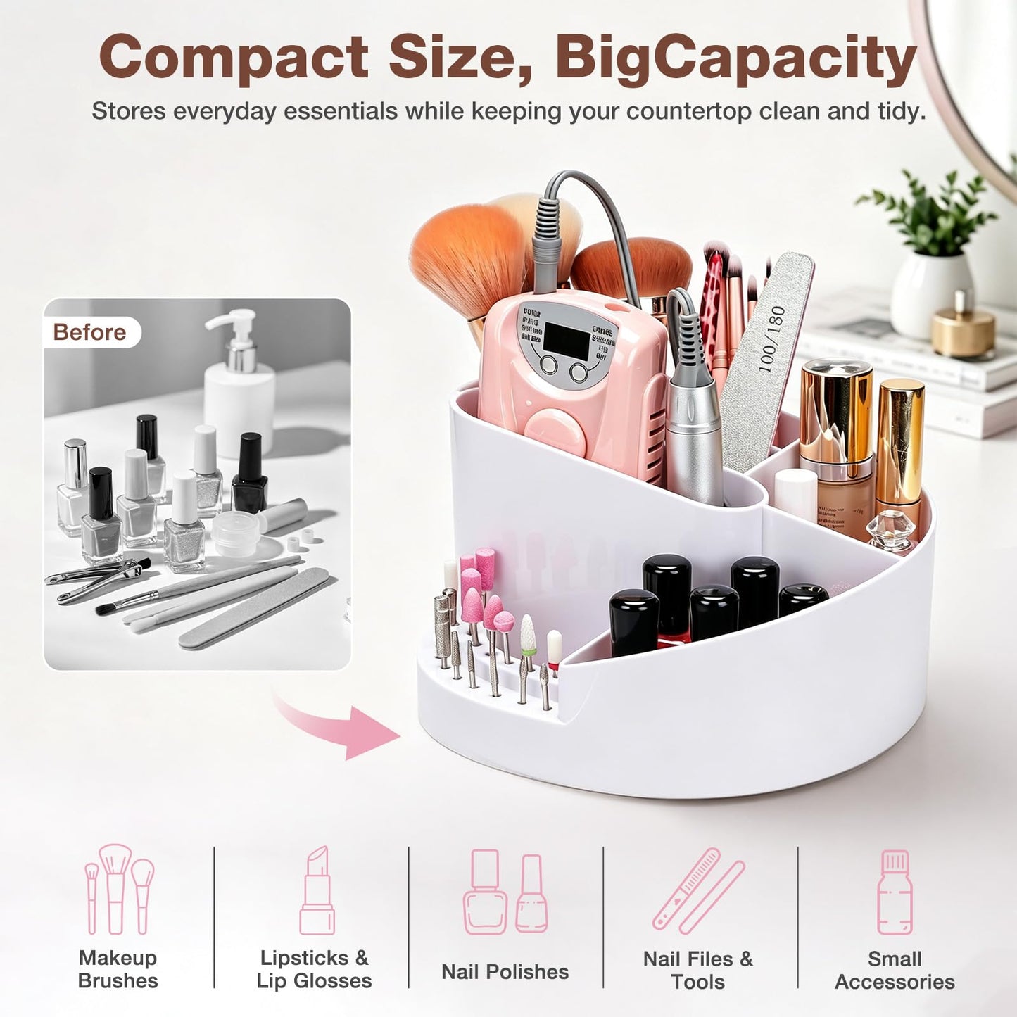 Noverlife Large Capacity Nail Drill Holder, Nail Desk Organizer with 18 Holes & 7 Compartments for 3/32" Nail Drill Bits & Nail Brushes, Manicure Nail Art Tools Storage Box for Nail Tech Supplies