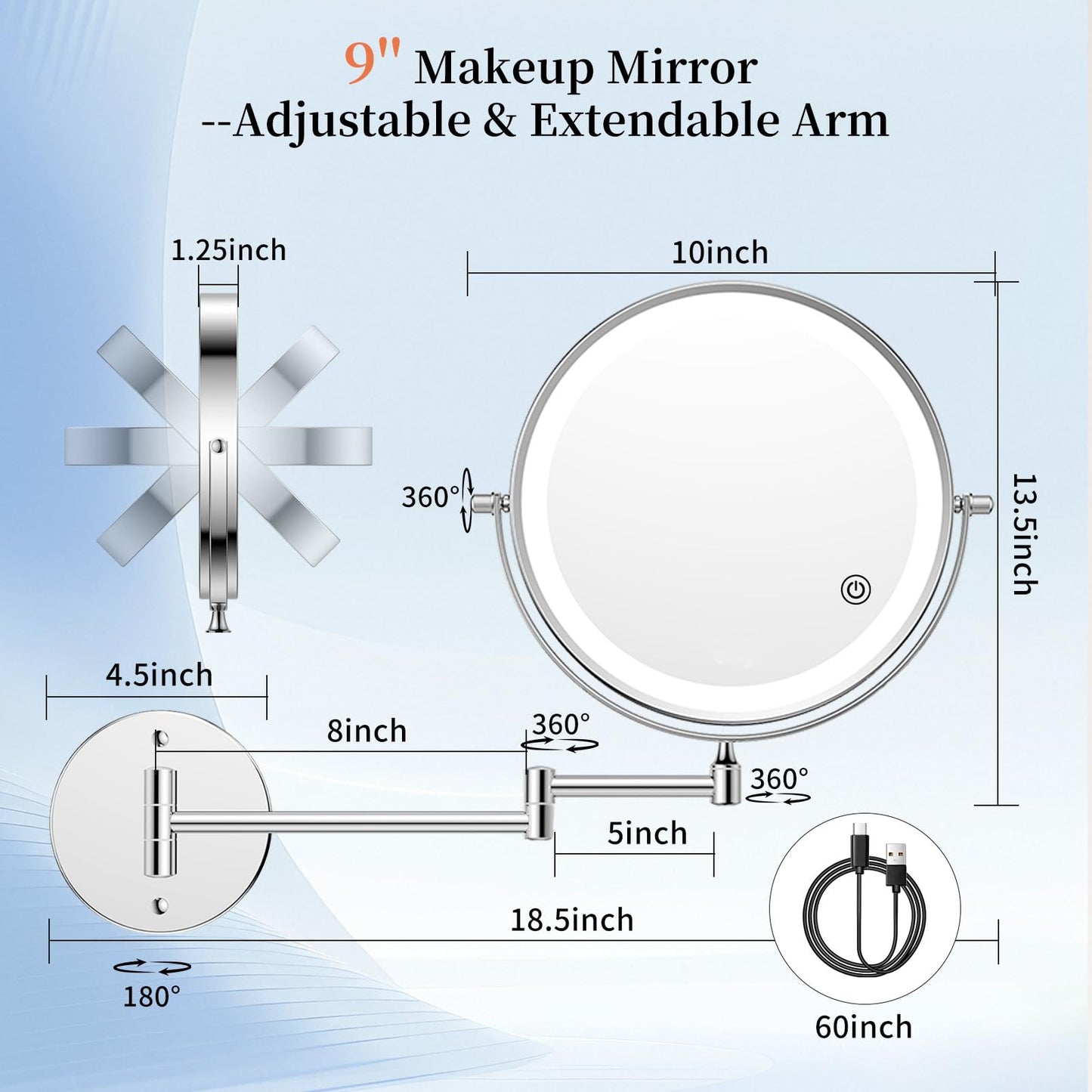 FUNTOUCH 5000mAh Rechargeable Wall Mounted Makeup Mirror with Lights, 9" Double Sided 1X/30X Magnifying Mirror with Dimmable 3 Color Light, Extended Swing Arm 360° Wall Mount Bathroom Mirror,Chrome