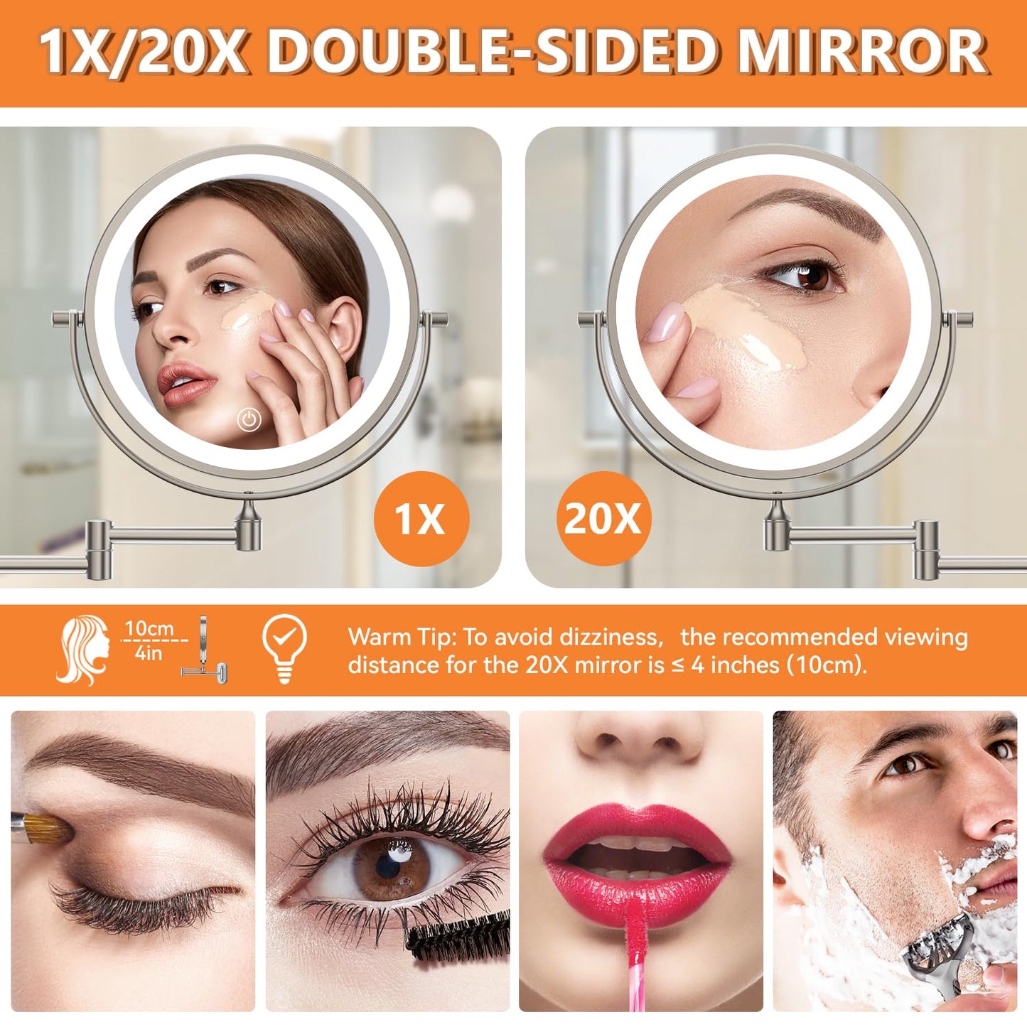 Auxmir 8'' Wall Mounted Lighted Makeup Mirror, 3200mAh Rechargeable Double-Sided 1X/20X Magnifying Mirror with Light, Touch Dimmable 3 Color Light, 360° Rotation Foldable Extended Arm, Nickel