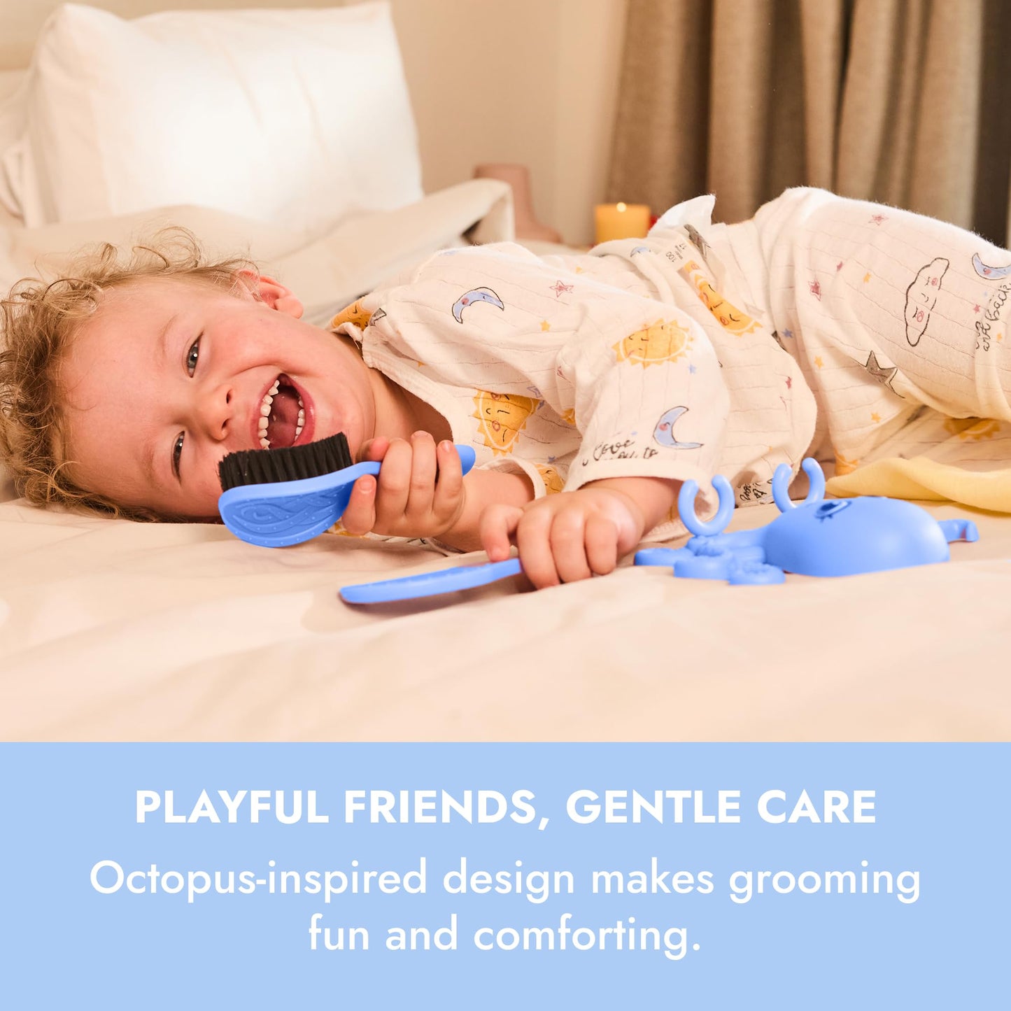 Ninabella Octo Baby Hair Brush with Comb for Newborn - Cradle Cap - No Drill Wall Holder Set - Soft Fine Black Bristles - From Birth to 18 Months - Azure Blue