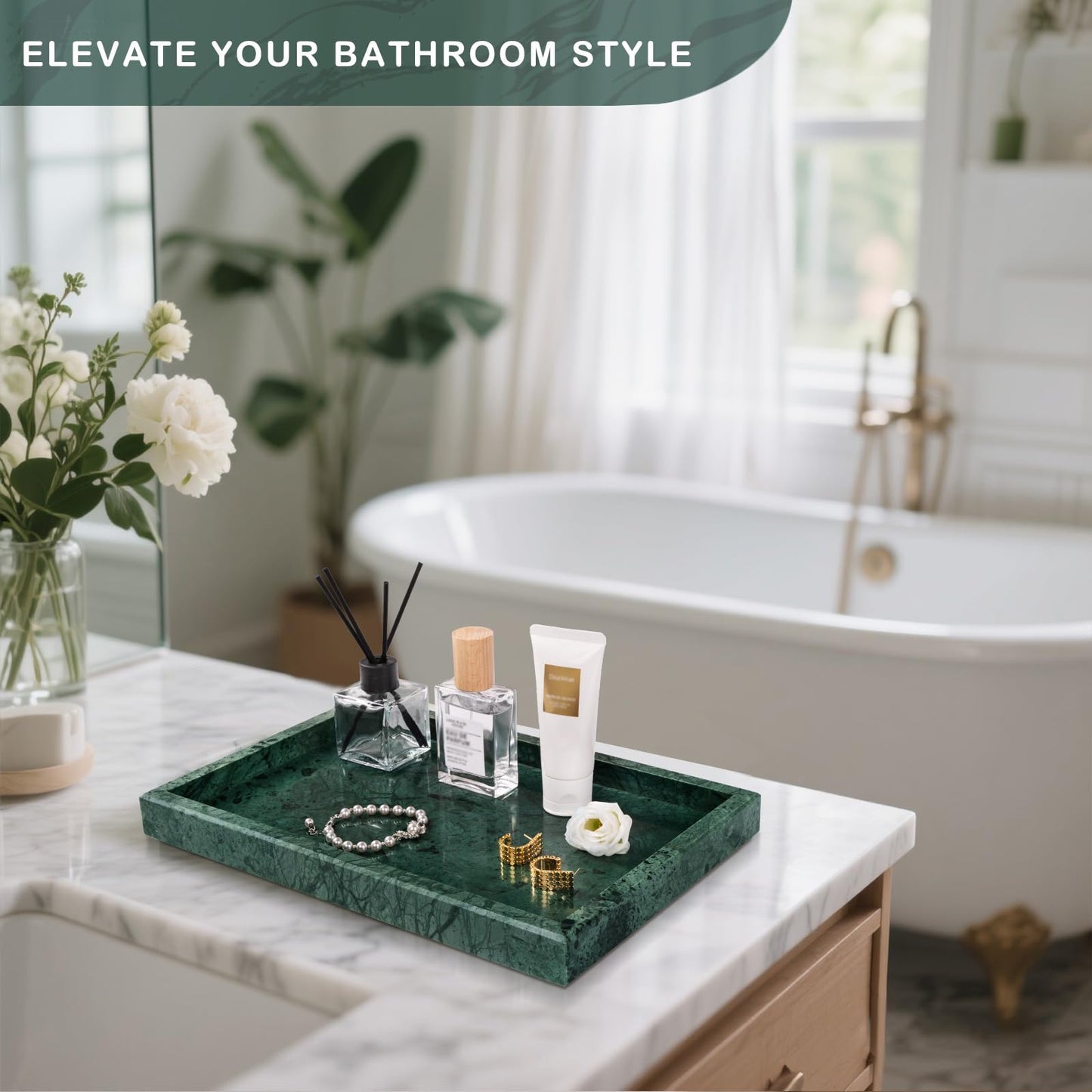 Homaura Marble Bathroom Tray for Countertop & Home Decor, Natural Decorative Marble Tray for Jewelry & Perfume Organizer, Luxury Stone Vanity Trays for Dresser, Kitchen Counter, 12" x 8", Green
