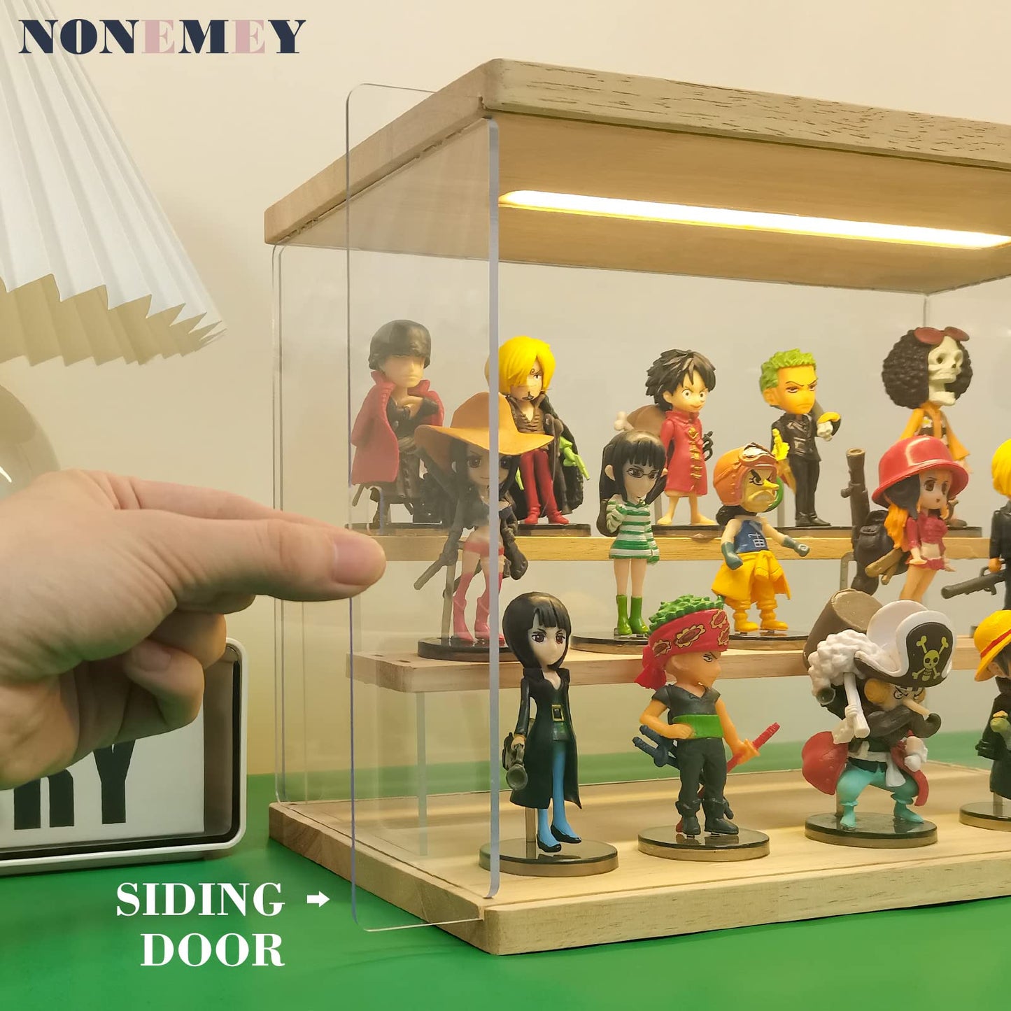 NONEMEY Acrylic Display Case with Light, Upgraded 3 Color Light & Adjustable Brightness Showcase , 2 Tier Dustproof Clear Toy Organizer Box for Action Figures, Collectibles, 12x4x7In