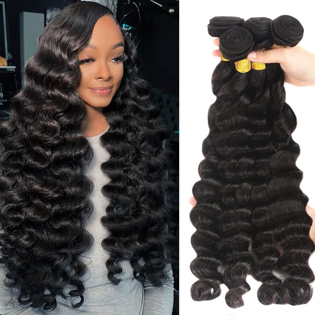 Aelinsi Loose Deep Wave Bundles (16 18 20 22) 12A Brazilian Virgin Hair Weave Human Hair 4 Bundles 100% Unprocessed Loose Deep Wave Human Hair Bundles Double Weft Natural Black Color