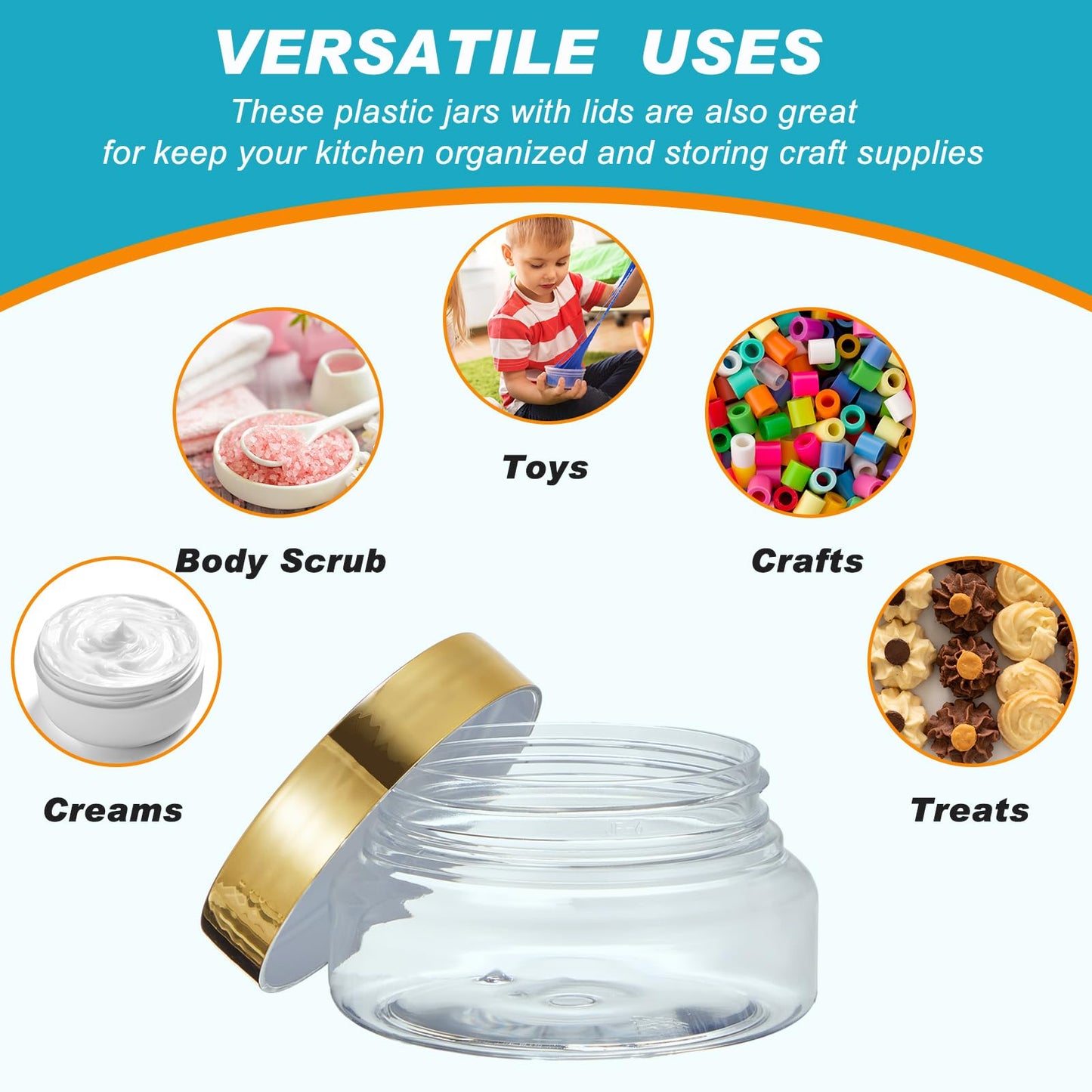Tessco for you 24 Pack Plastic Jars with Lids Labels Multiuse Slime Containers Empty Body Scrub Jars Round Refillable Cosmetic Body Butter Container for Makeup (5 oz,Gold)