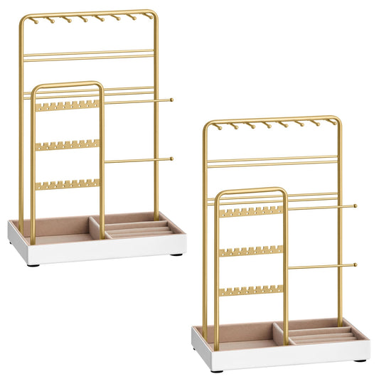 SONGMICS Set of 2 Jewelry Holders, Jewelry Organizers Display Stands with Metal Frame, Velvet Tray, Necklace Earring Bracelet Holders, for Studs, Rings, Gift Idea, Pale Gold UJJS021A01V1-2J