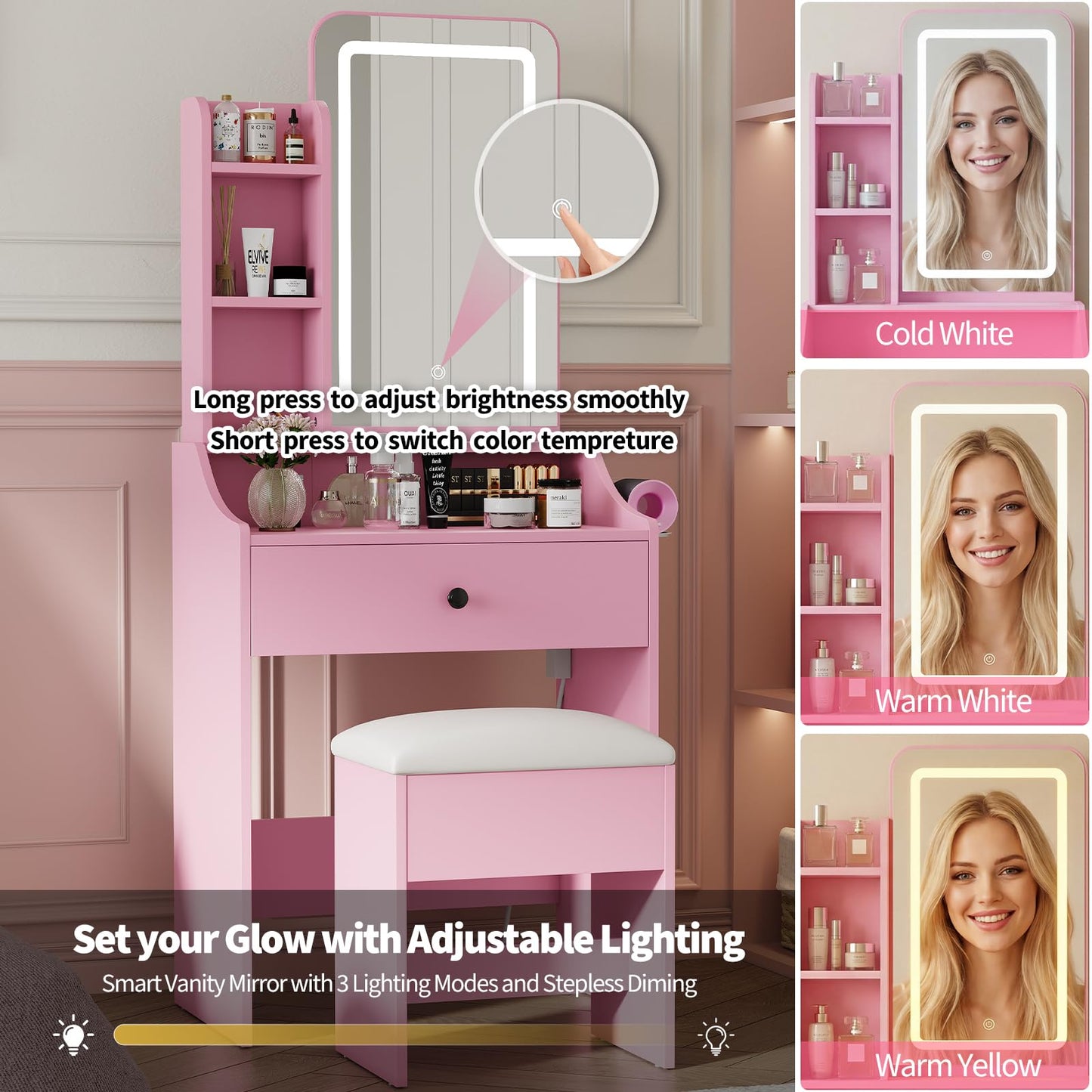 DUMOS Small Makeup Vanity Desk with LED Mirror and Storage Bench, Pink
