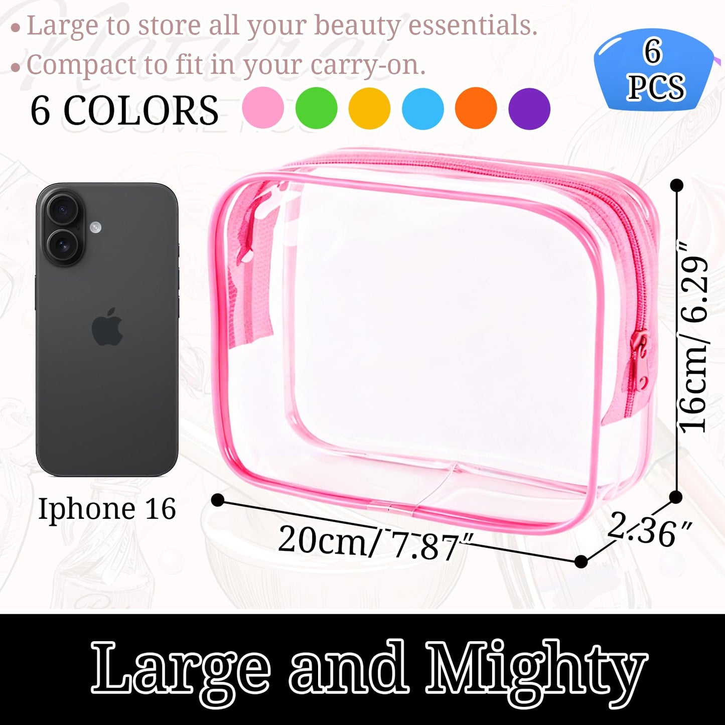YOQIVEXU 6 Pieces Clear Makeup Bags Bulk, TSA Approved Toiletry Bag PVC Clear Cosmetic Toiletries Pouch with Zipper, Waterproof Vinyl Plastic Organizer Case for for Women Carry-on Travel Essentials