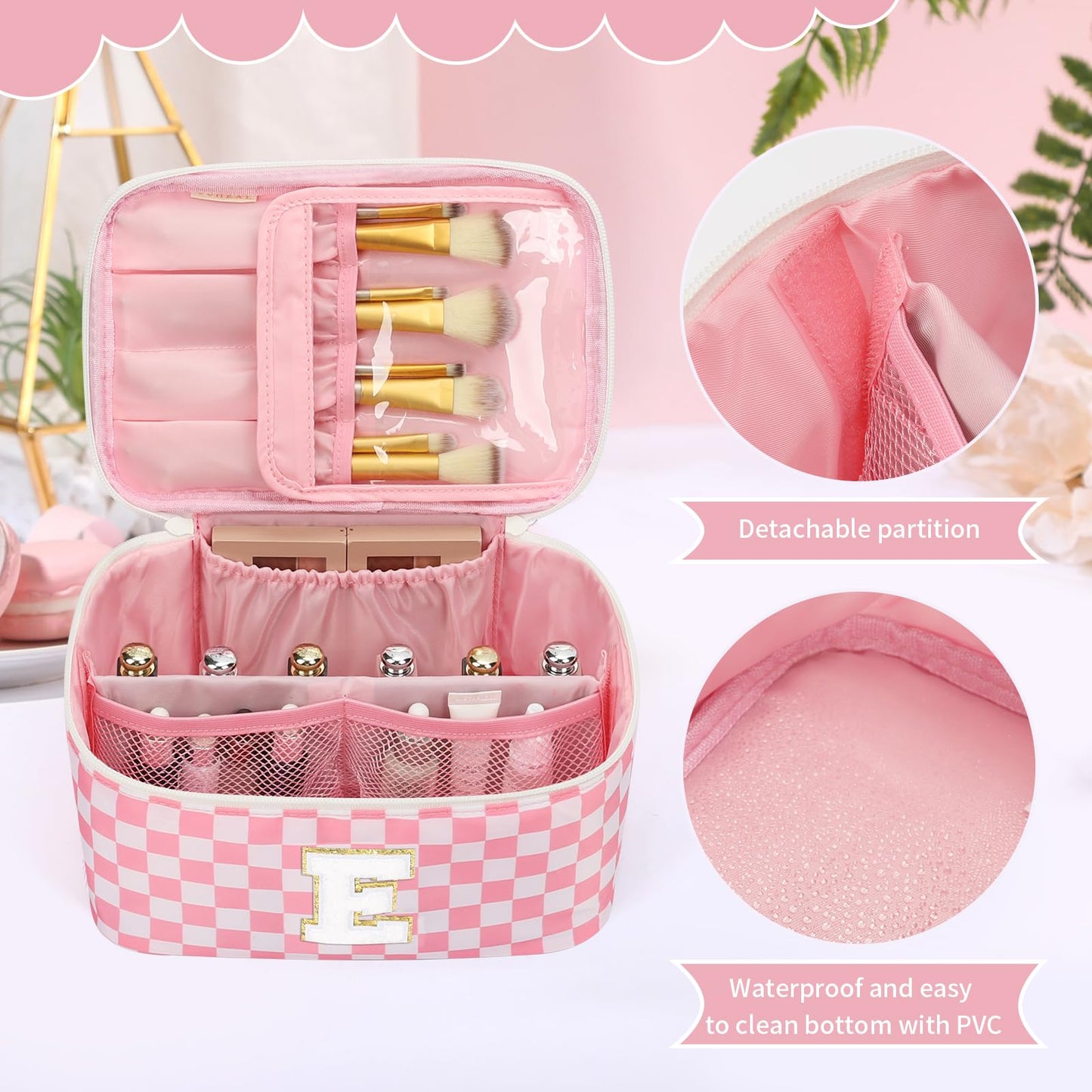 OCHEAL Makeup Bag for Women, Monogram Cosmetic Bag Pink Travel Makeup Case Beauty Toiletry Bag Organizer Personalized Gifts for Girls Bridesmaid, Sister, Wife, Friends Initial E