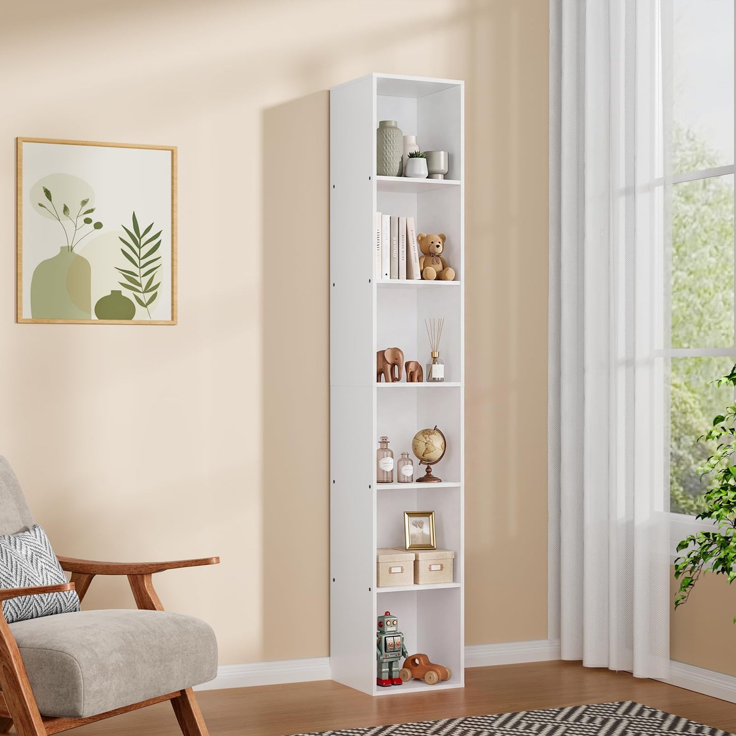 VAFHYLLIS 6 Cube Storage Organizer, 6 Tier Vertical Cube Bookcase Freestanding Storage Display Organizer for Home Office, Six Cubes Open Shelf Bookshelf (White, 6 Cube)