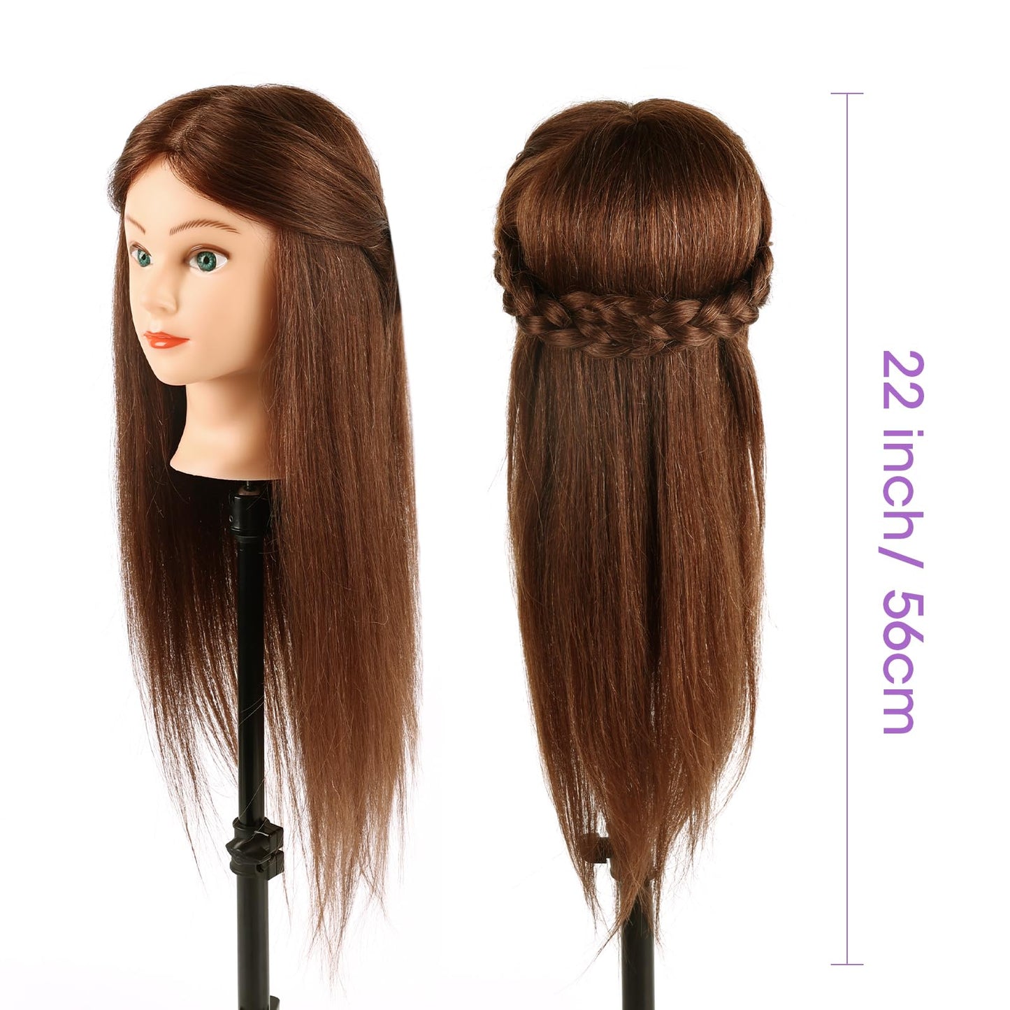 Mannequin Head with 100% Human Hair,22'' Real Hair Cosmetology Mannequin Manikin Head Hair Styling Hairdressing Practice Training Doll Head with Clamp Holder and Tools (Dark Brown Blue Eyes)