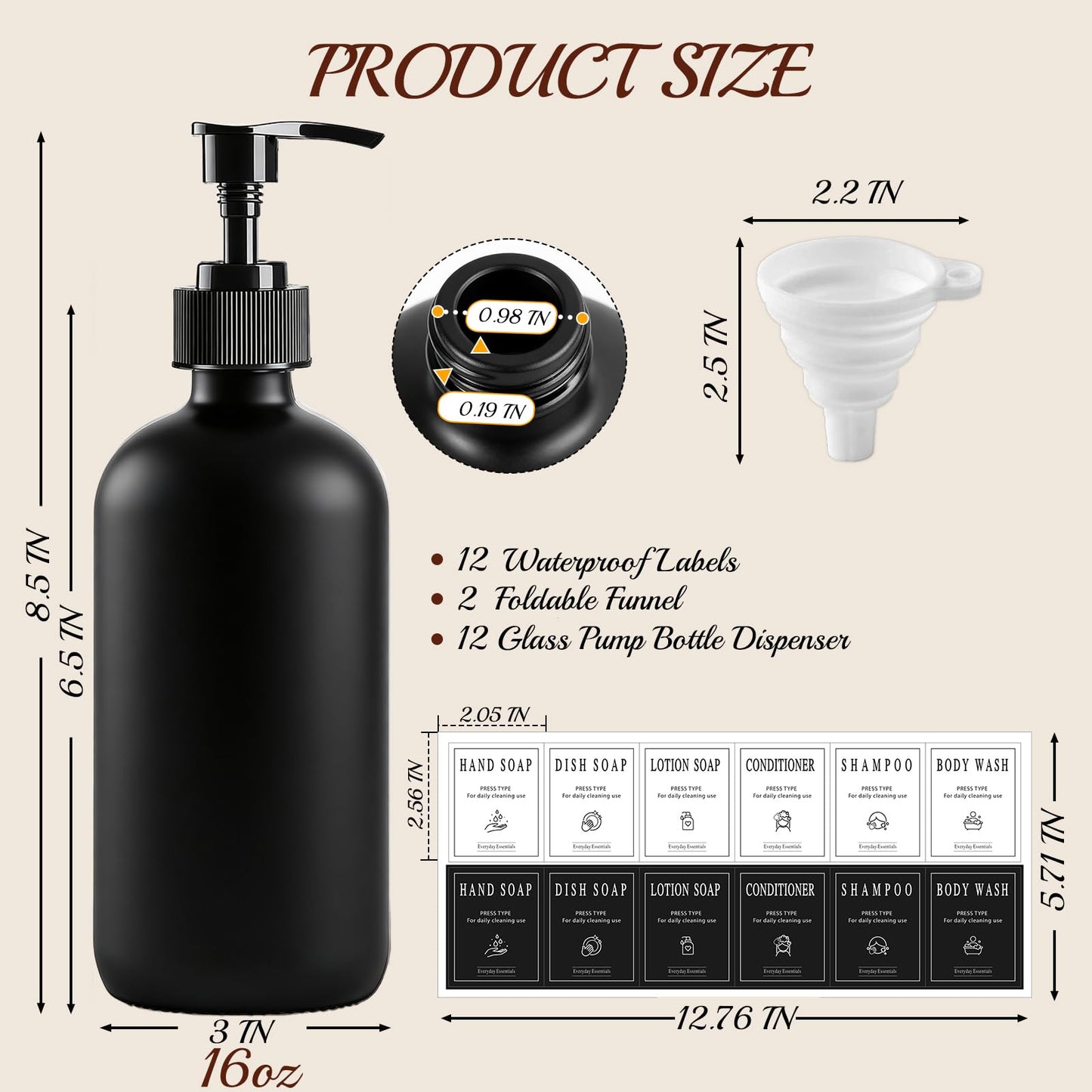 TBWIND 12 Pack 16oz Black Glass Soap Dispenser Bottles with Pumps, Refillable Glass Bottles for Shampoo, Conditioner & Lotion, Ideal for Bathroom, Kitchen, Waterproof Labels & Funnels Included