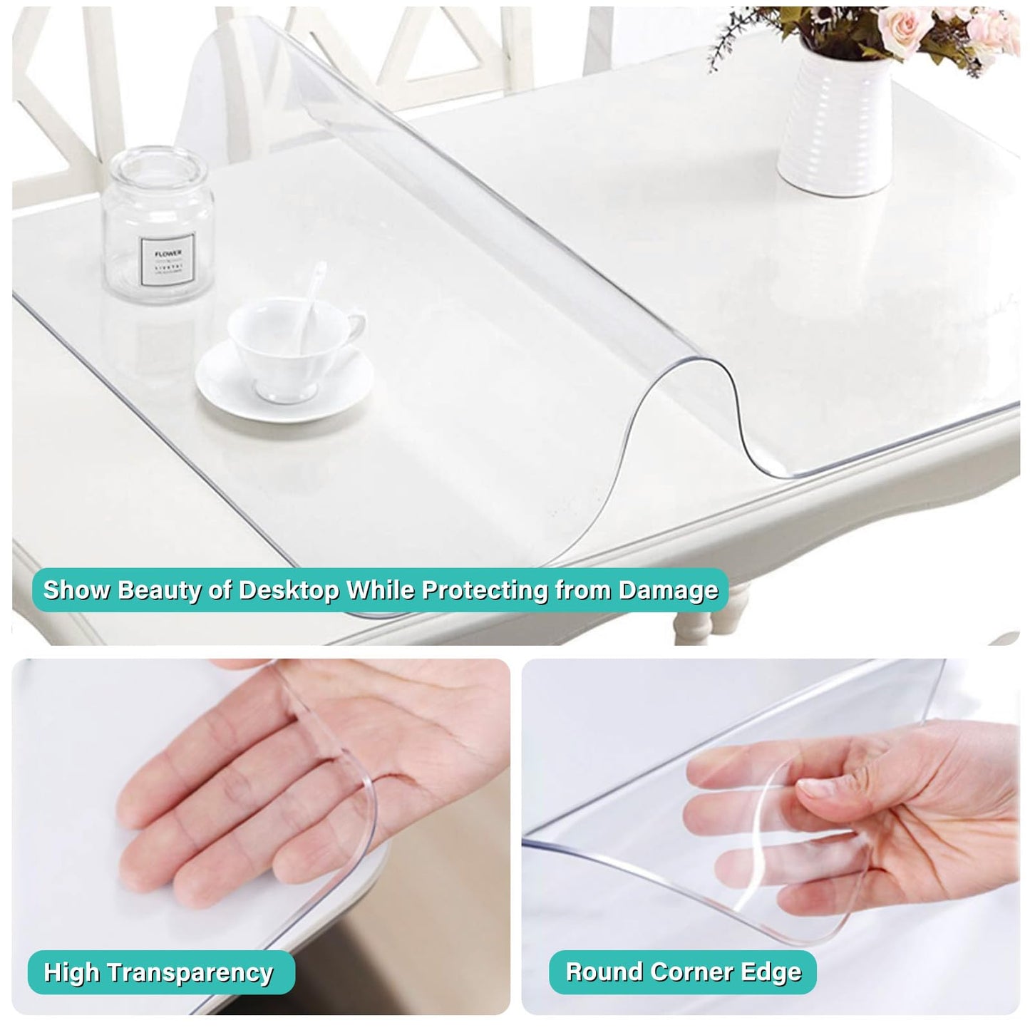 AimerGro 48x48 Inch Clear PVC Table Cover Protector, 1.5mm Thick, Transparent, Rectangular, Minimalist, Anti-scratch, Wipeable, Easy Clean, Wood Marble Glass Tabletop Protection