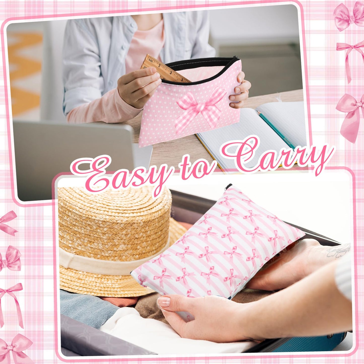 Reginary 20 Pcs Makeup Bags Gifts for Women Canvas Cosmetic Bags with Zipper Bulk Gift for Women Travel Purse Organizer Pouch Accessory, Toiletry Large Capacity, 7 x 4.3 Inch(Pink Bow)