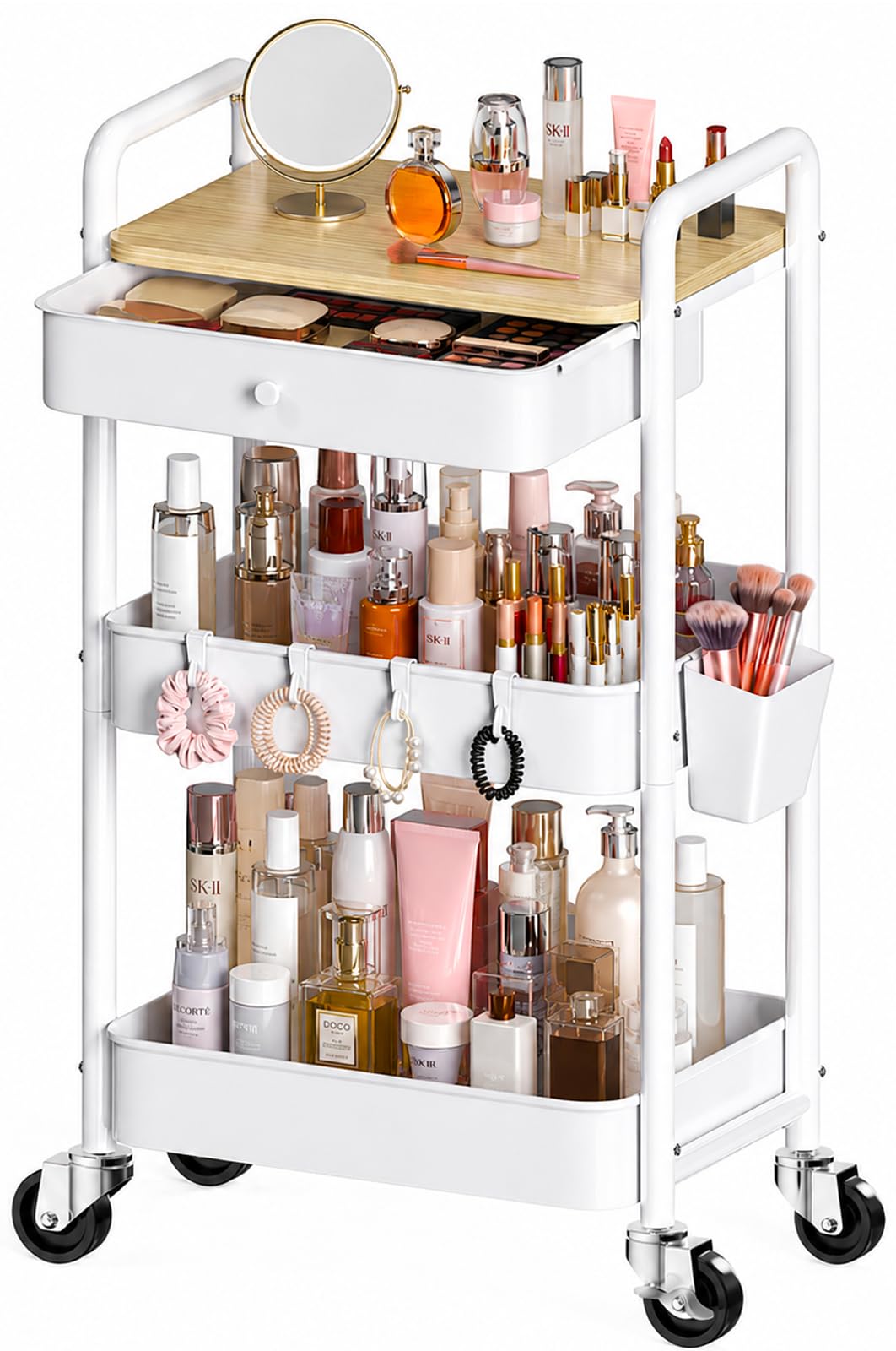 3 Tier Metal Rolling Cart with Drawers, Makeup Organizer Cart with Wheels for Skin Care/Lash/Hair Product/Perfume, Esthetician Pedicure Carts for Nail Techs, Vanity, Bathroom,Craft Storage Carts,White