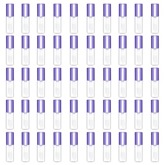 Mydio 50 Pack 1.2ML Clear Mini Lip Gloss Tube Empty Lip Balm Containers With Purple Lid for Lipstick (Purple)