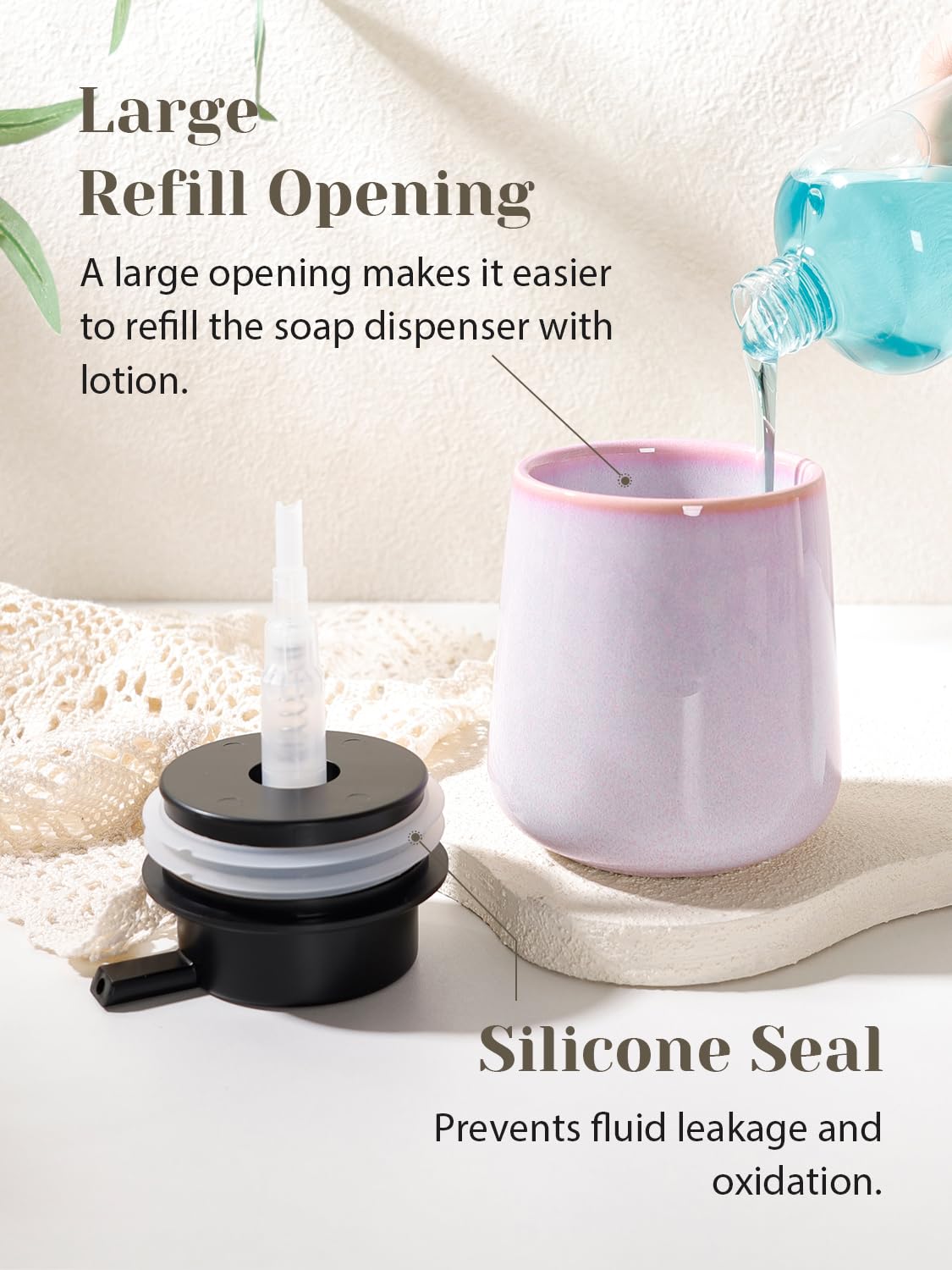 INGOFIN Ceramic Lotion Dispenser - 12 oz Hand Soap Dispenser Bathroom, Modern Liquid Dispenser with Pump, Refillable Dish Soap Bottle for Kitchen -Purple and Pink