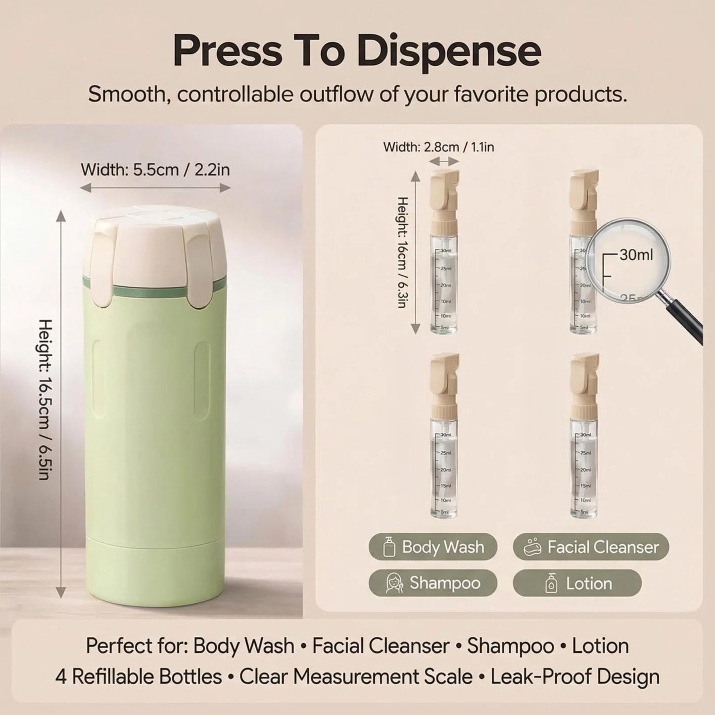 4 in 1 Travel Dispenser Bottle - Leak Proof Refillable Pump Set for Shampoo Conditioner Lotion, 4 Pack 30ml Portable Containers for Air Travel Business Trip Essentials (Green)
