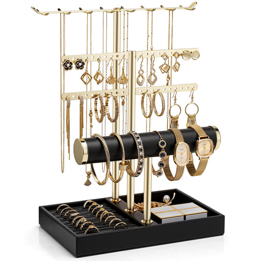 VLANDO 3 Tier Jewelry Stand Organizer with Tary, Leather Jewelry Holder Display for Women, Gold Jewlery Holder Display for Necklace, Earring, Bracelet, Rings - Black