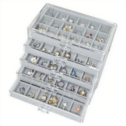 HOUKANWE Acrylic Earring Holder Organizer with 5 Drawers Clear Earring Organizer Box with 90 Adjustable Grids Velvet Earring Display Case Jewelry Organizer for Earrings Rings Studs (Grey)