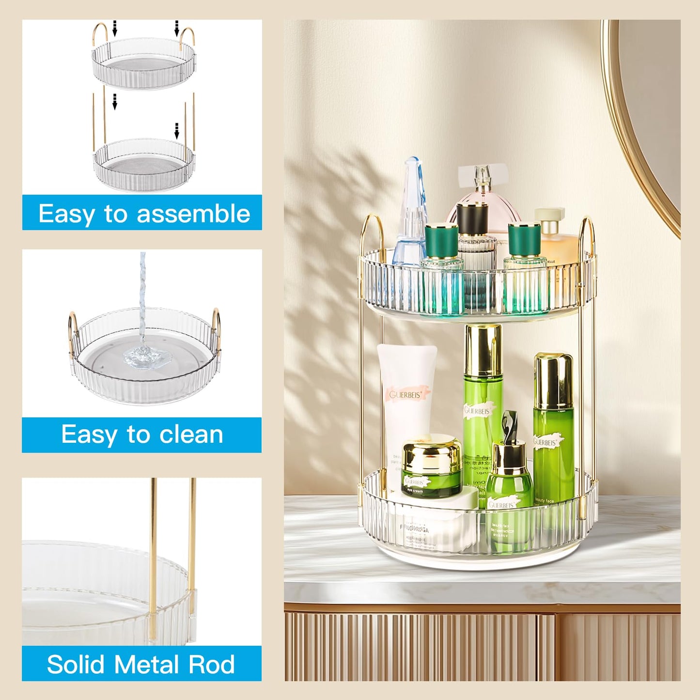 Niluks 360 Rotating Makeup Organizer - Large Capacity Spinning Perfume & Cosmetic Skincare Holder for Countertop (Pearl White, 2 Tier)