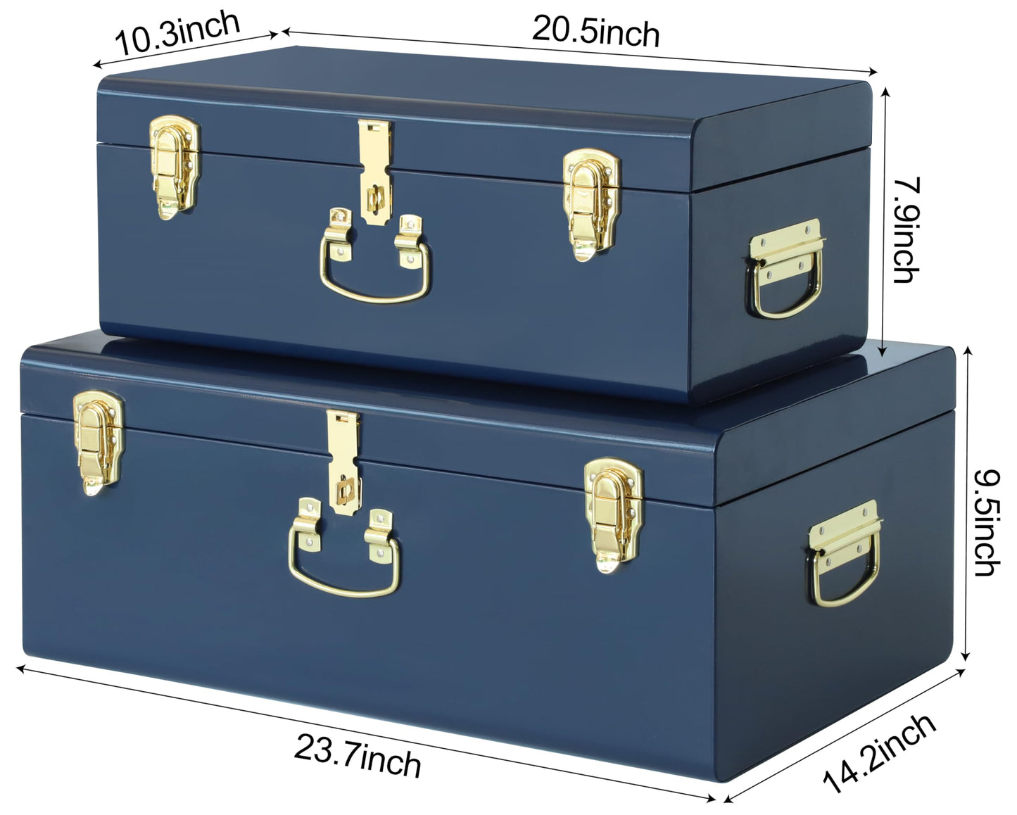 Vixdonos Decorative Large Metal Box Storage Trunk Chest Set of 2 College Dorm Organizer with Hardware Hasps and Handle for Home Deocr,23.7X14.2X9.5 Inches,Dark Blue
