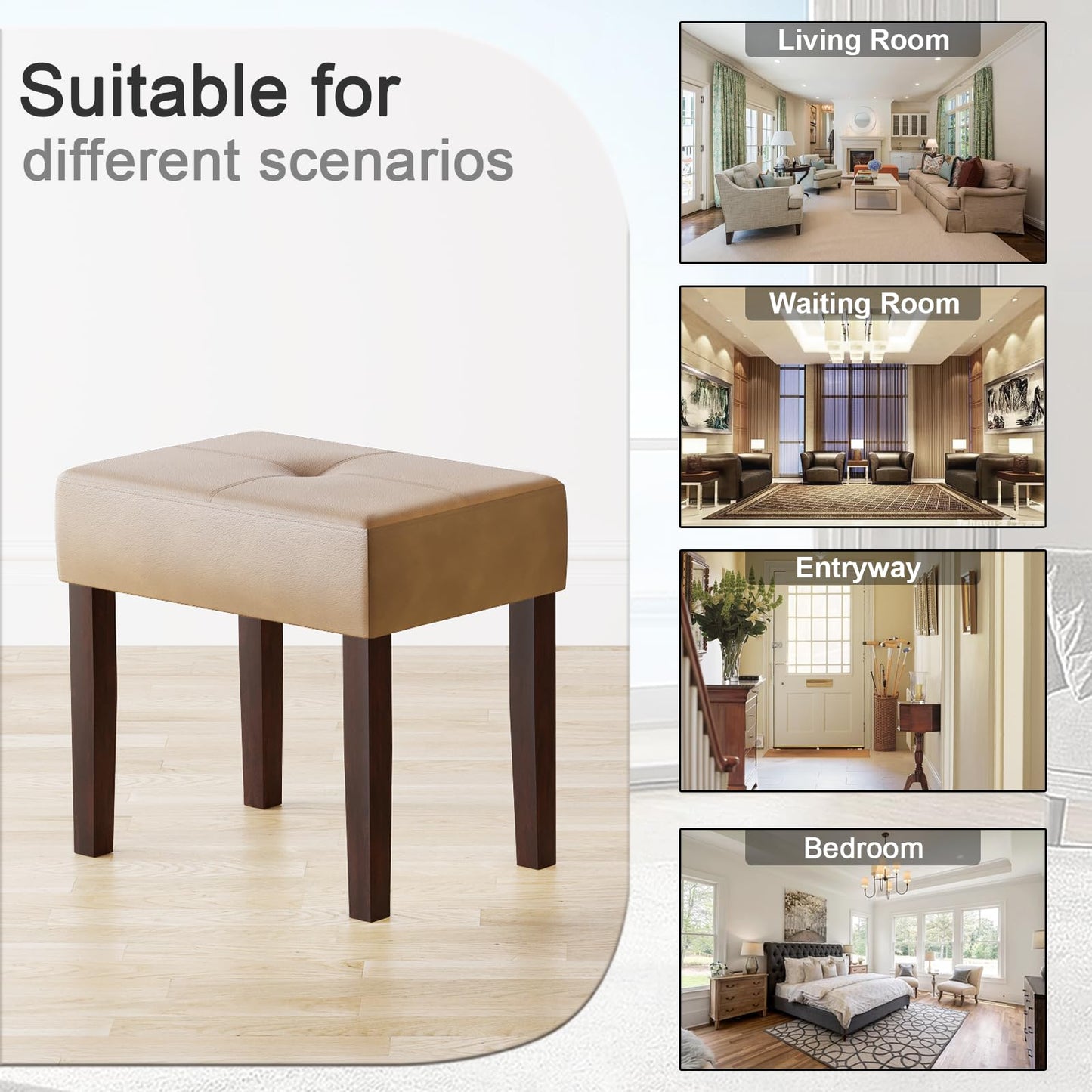 EOSVALO Leather Vanity Stool, 18.7 Inch Wide Rectangle Ottoman Bench for Makeup Room, Vanity Chair with Wood Legs for Piano Room, Bedroom,Living Room with Customizable (Brown)