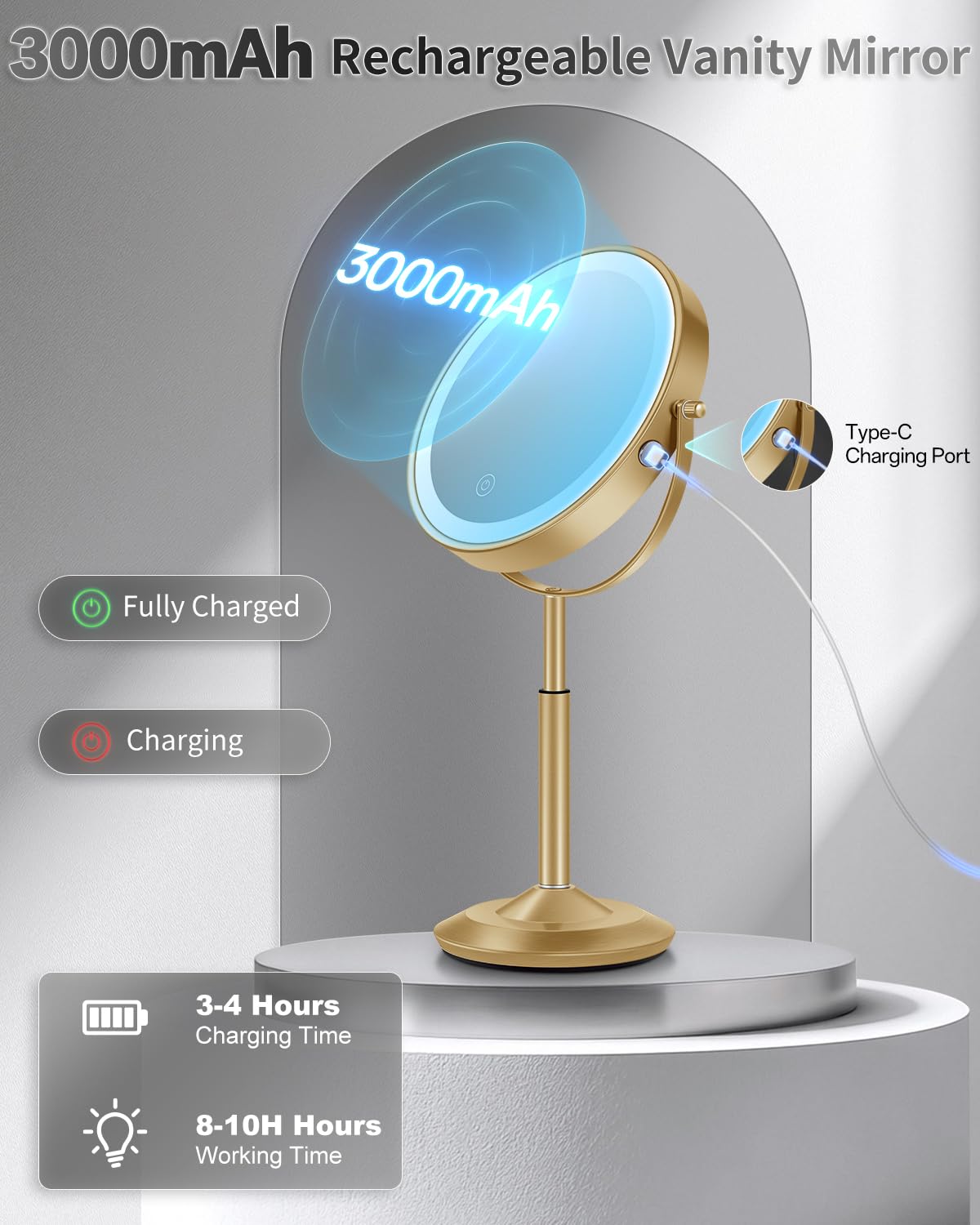 VFD 30X/1X Makeup Mirror with Lights, Height Adjustable Lighted Magnifying Vanity Mirror with 3 Lighting and Adjustable Brightness, 3000mAh Rechargeable Double Sided