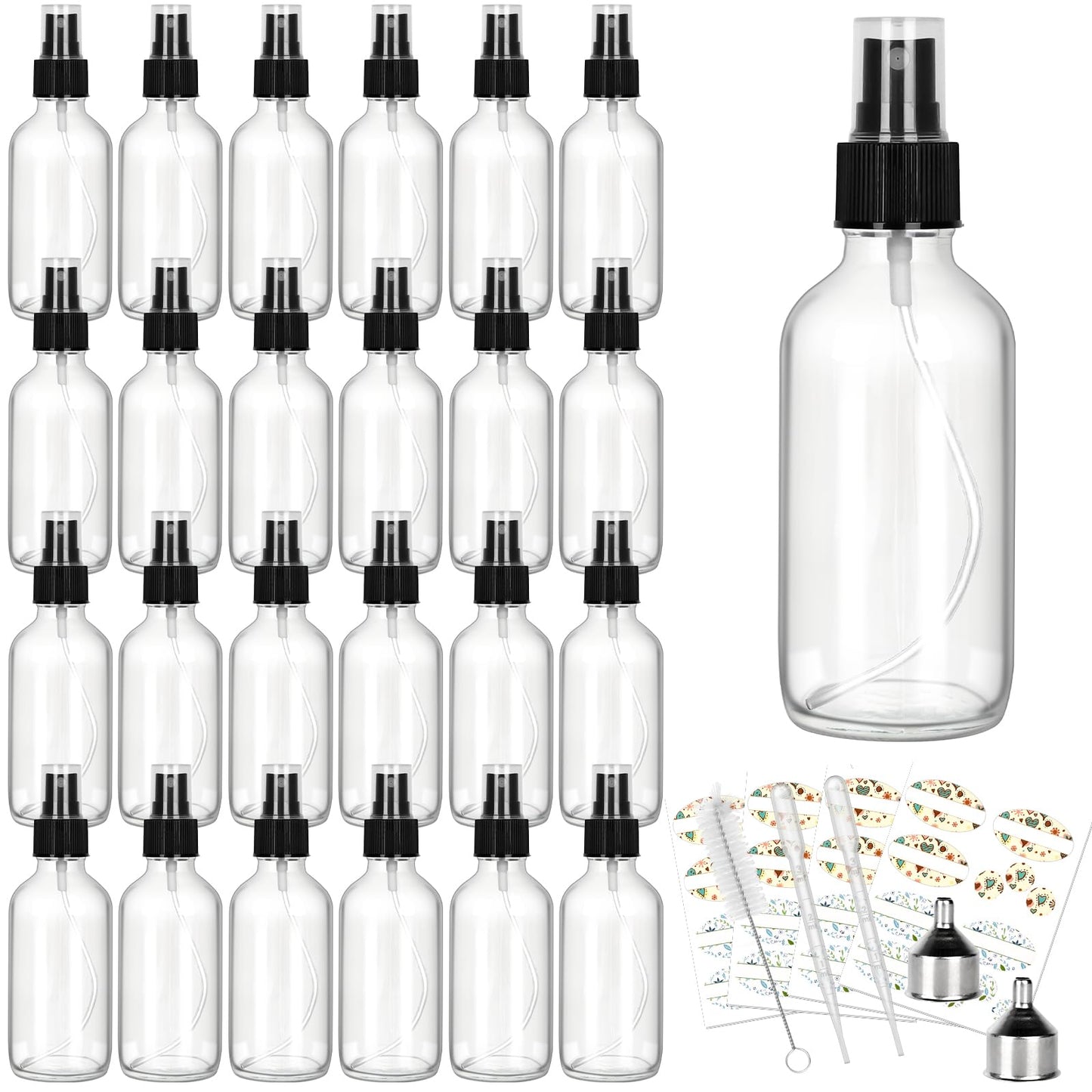CycleMore 25 Pack 4oz Clear Glass Spray Bottles with Fine Mist Sprayers, Glass Travel Bottles for Cosmetic Essential Oils Cleaning Solutions Perfumes & More Liquids (1 Brush, 2 Funnels and 36 Labels)