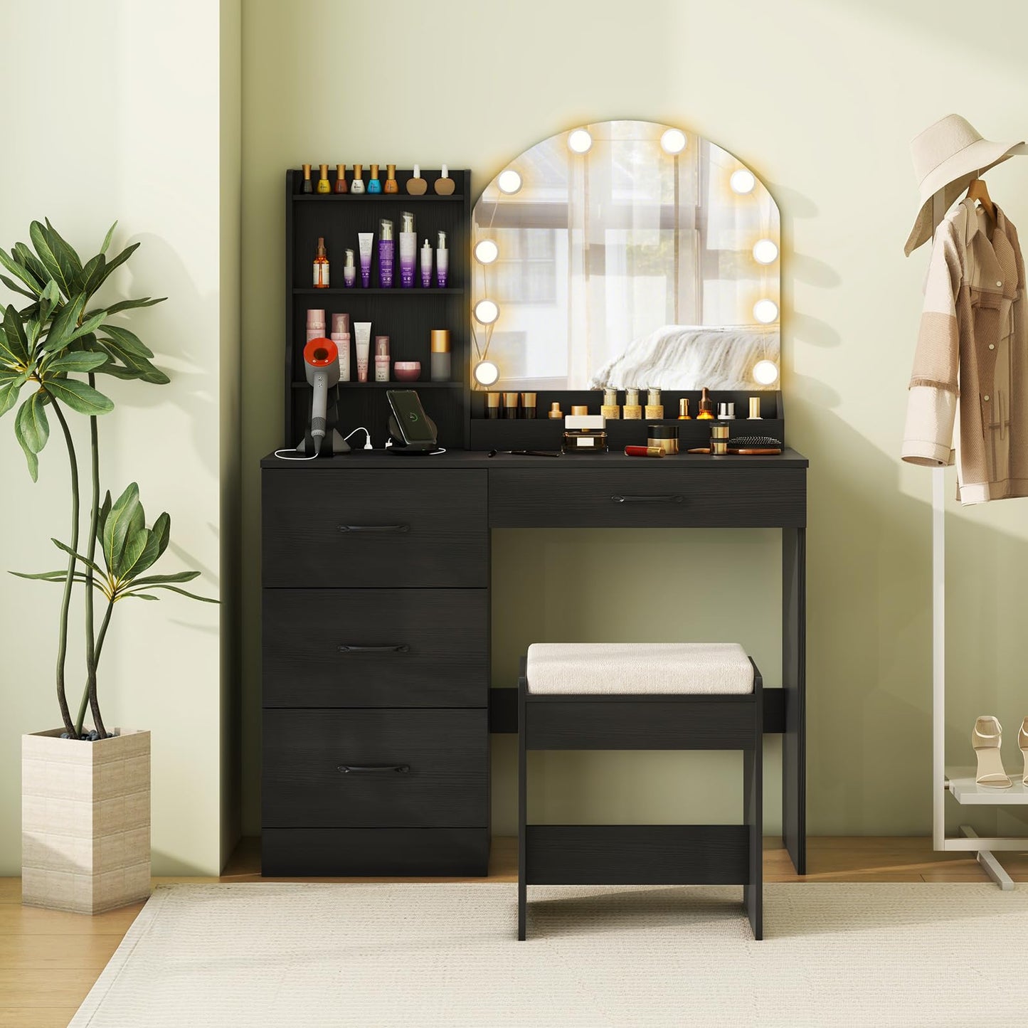 CHARMAID Vanity Desk with Mirror and Lights, Black Makeup Vanity Desk with 4 Drawers, Storage Shelves, Charging Station, 3 Lighting Modes, 40 inch Large Vanity Dressing Table with Stool for Bedroom